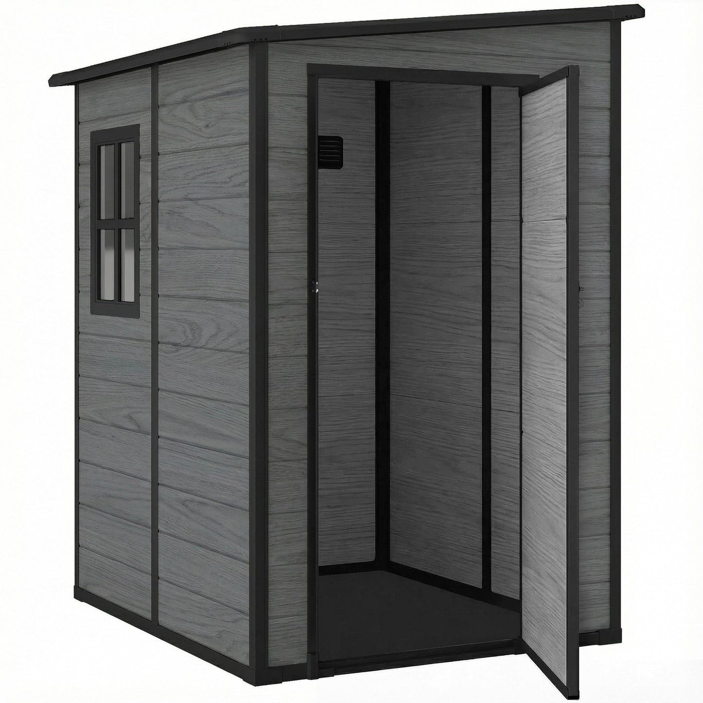 4 x 5FT Plastic Garden Shed with Floor, Lean to Outdoor Storage Shed, Lockable Tool Storage House with Window, Vent and Plastic Roof, Wood-Effect