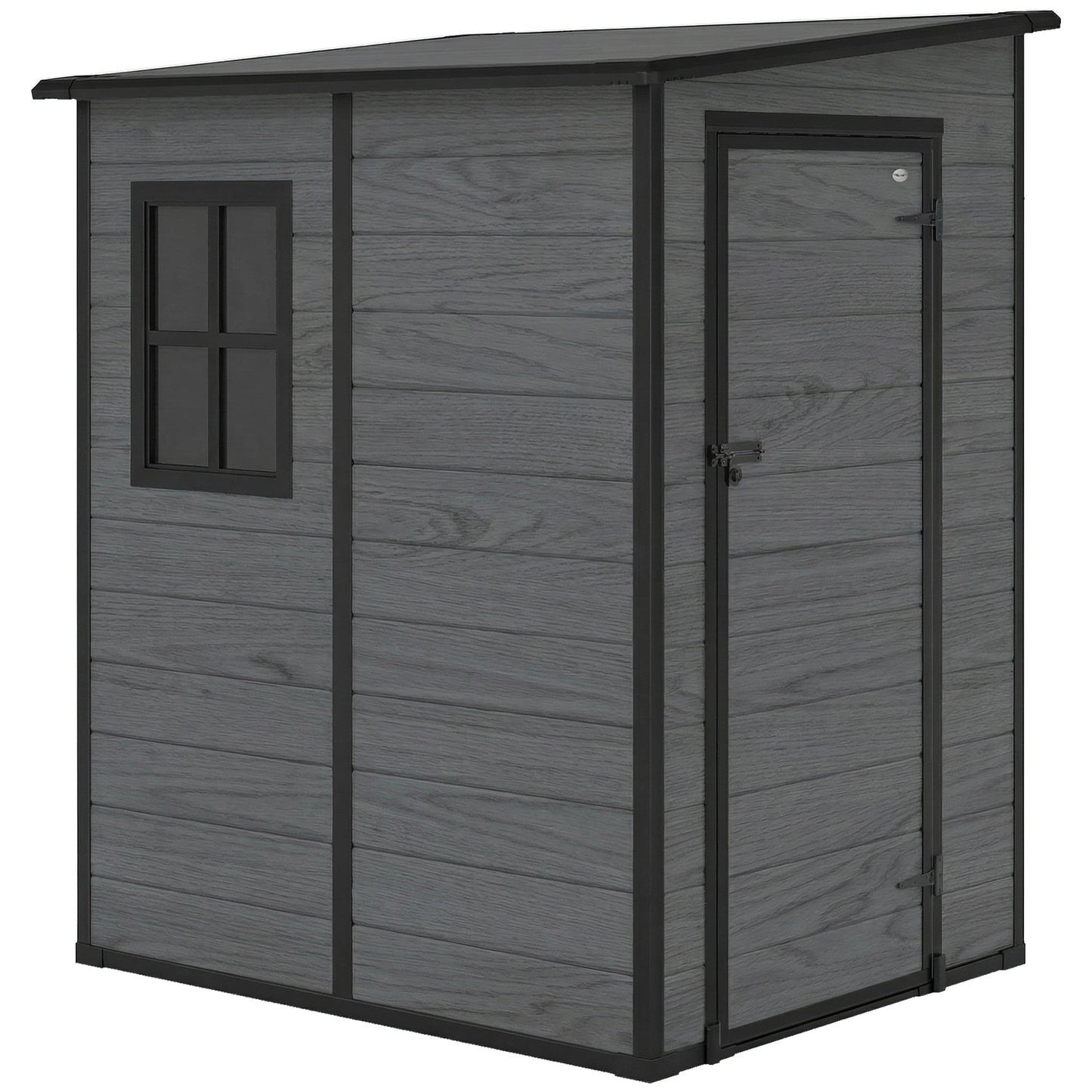 4 x 5FT Plastic Garden Shed with Floor, Lean to Outdoor Storage Shed, Lockable Tool Storage House with Window, Vent and Plastic Roof, Wood-Effect