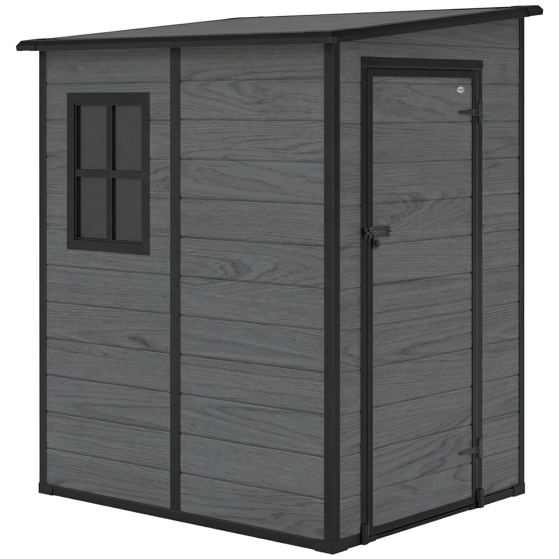 4 x 5FT Plastic Garden Shed with Floor, Lean to Outdoor Storage Shed, Lockable Tool Storage House with Window, Vent and Plastic Roof, Wood-Effect