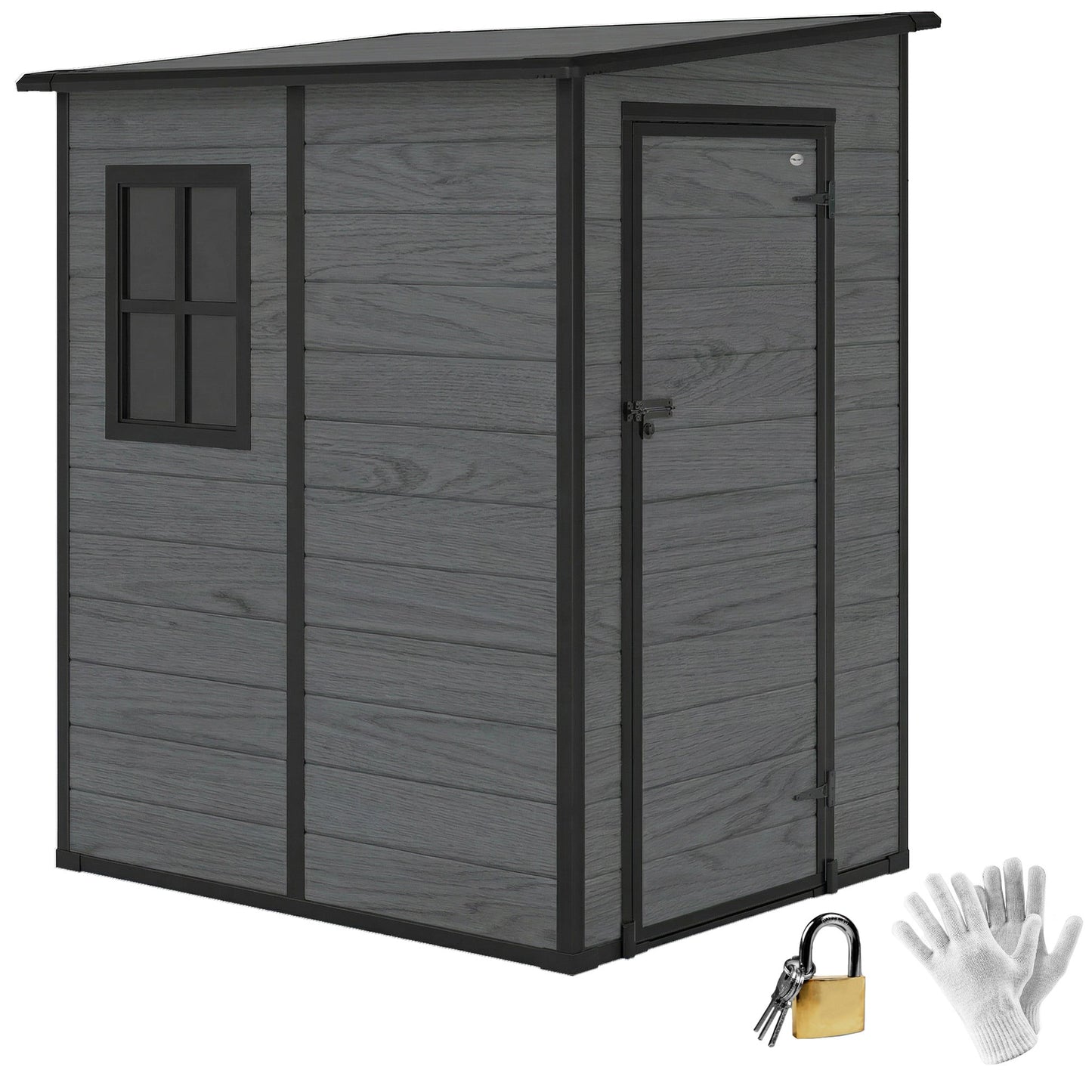 4 x 5FT Plastic Garden Shed with Floor, Lean to Outdoor Storage Shed, Lockable Tool Storage House with Window, Vent and Plastic Roof, Wood-Effect