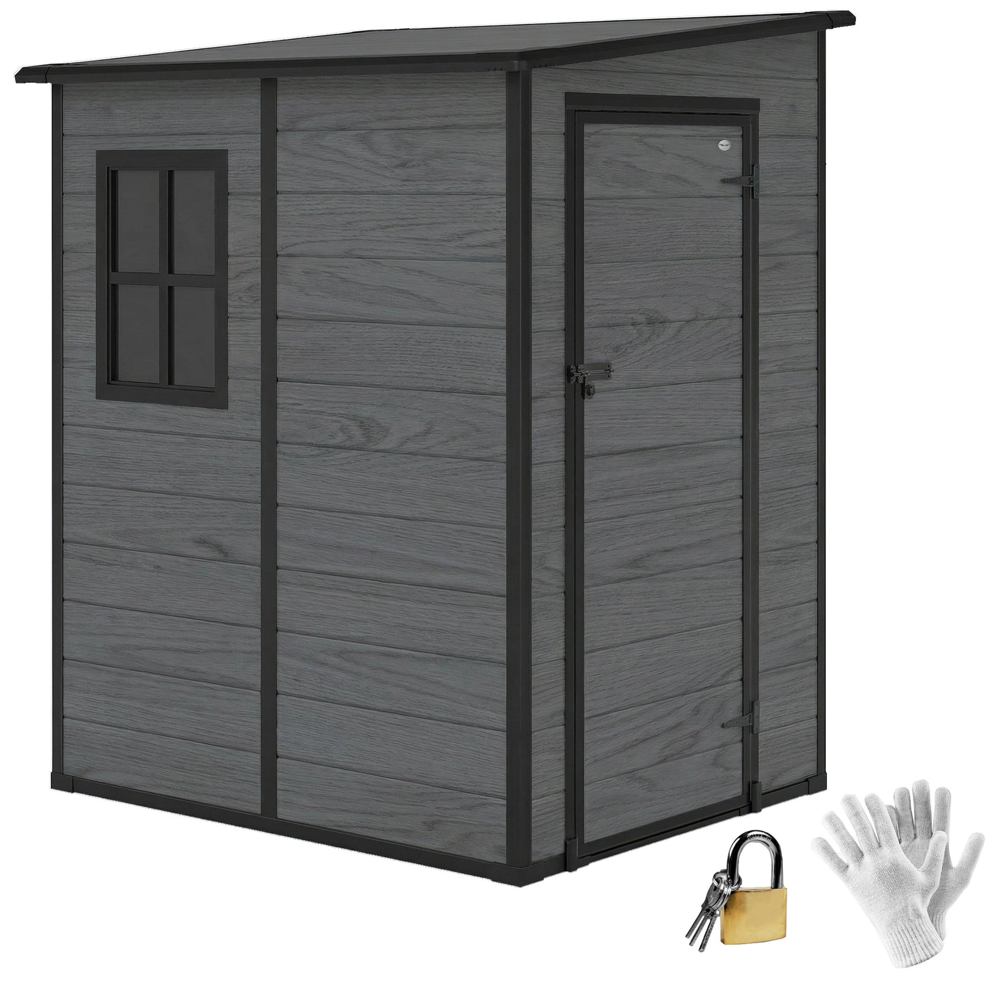 4 x 5FT Plastic Garden Shed with Floor, Lean to Outdoor Storage Shed, Lockable Tool Storage House with Window, Vent and Plastic Roof, Wood-Effect