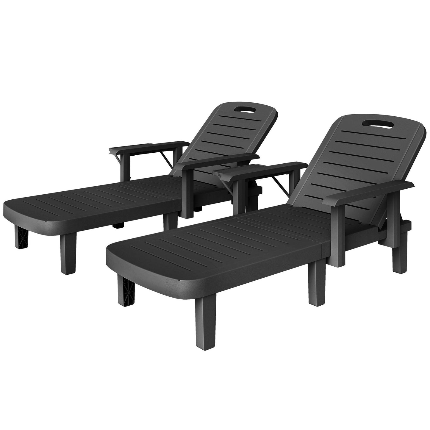 Set of 2 Resin Reclining Sun Loungers for Garden, 5 Positions Adjustable Outdoor Chaise Lounge Chair with Wood Texture Surface, Armrests, Foldable Side Table for Garden, Beach, Black