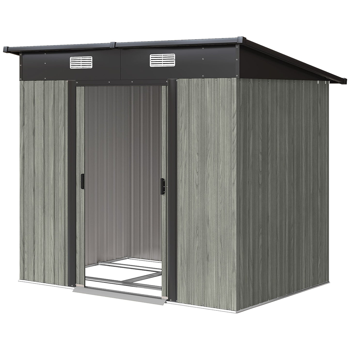 7 x 4ft Outdoor Storage Shed with Foundation Kit, Lean to Metal Garden Shed for Log, Rubbish Bin, Tool, Lawnmower, Bike, Patio Use, Light Grey Wood Effect