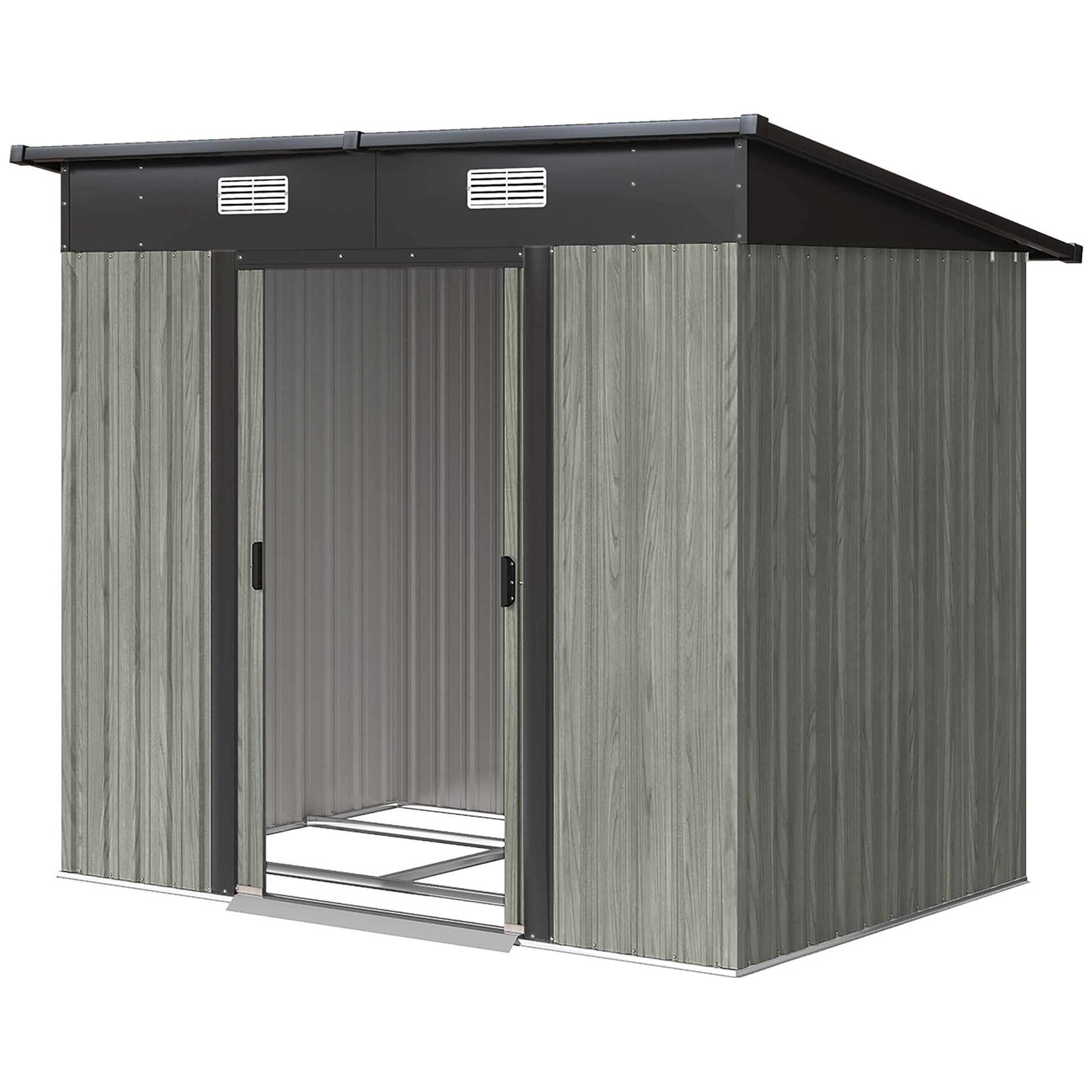 7 x 4ft Outdoor Storage Shed with Foundation Kit, Lean to Metal Garden Shed for Log, Rubbish Bin, Tool, Lawnmower, Bike, Patio Use, Light Grey Wood Effect