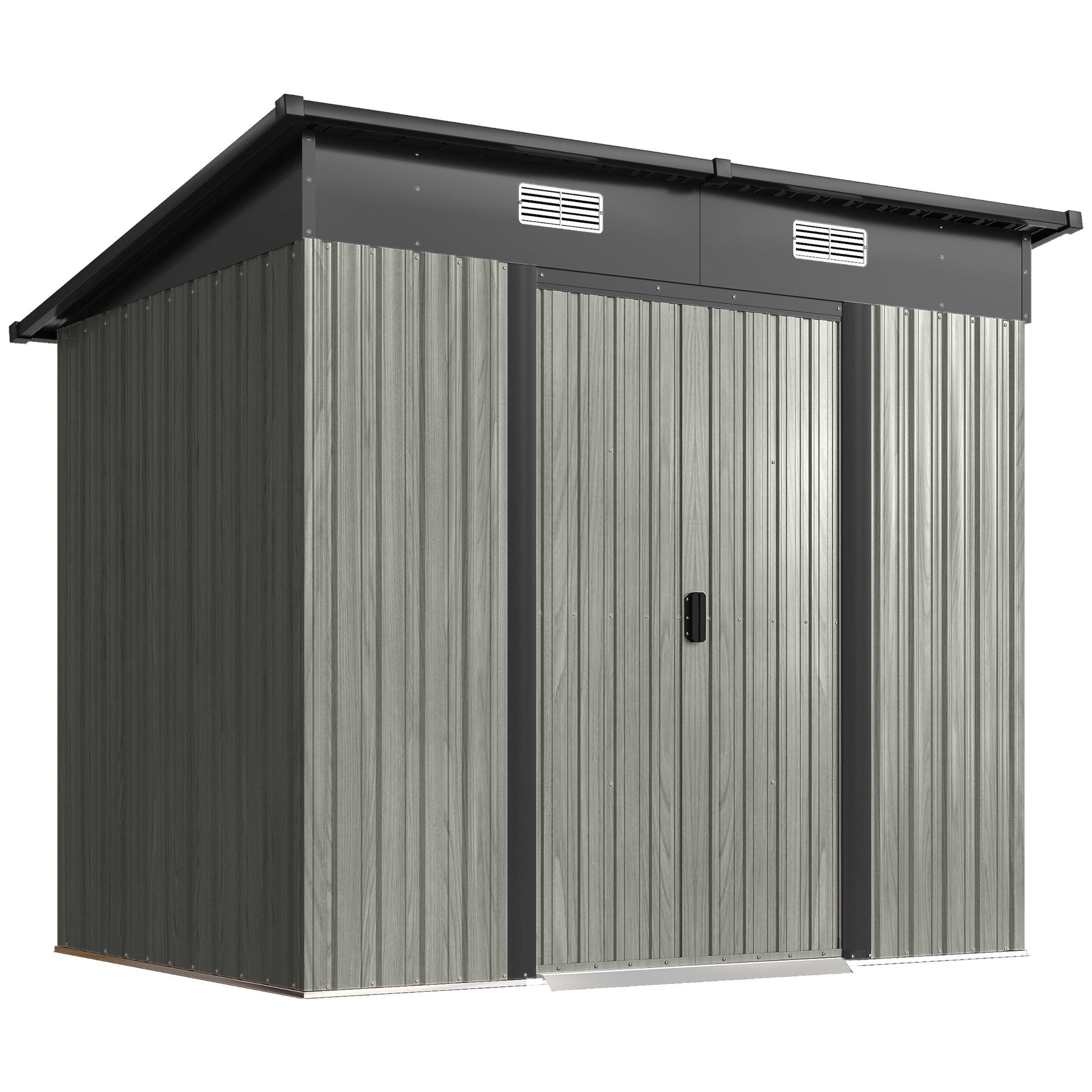 7 x 4ft Outdoor Storage Shed with Foundation Kit, Lean to Metal Garden Shed for Log, Rubbish Bin, Tool, Lawnmower, Bike, Patio Use, Light Grey Wood Effect