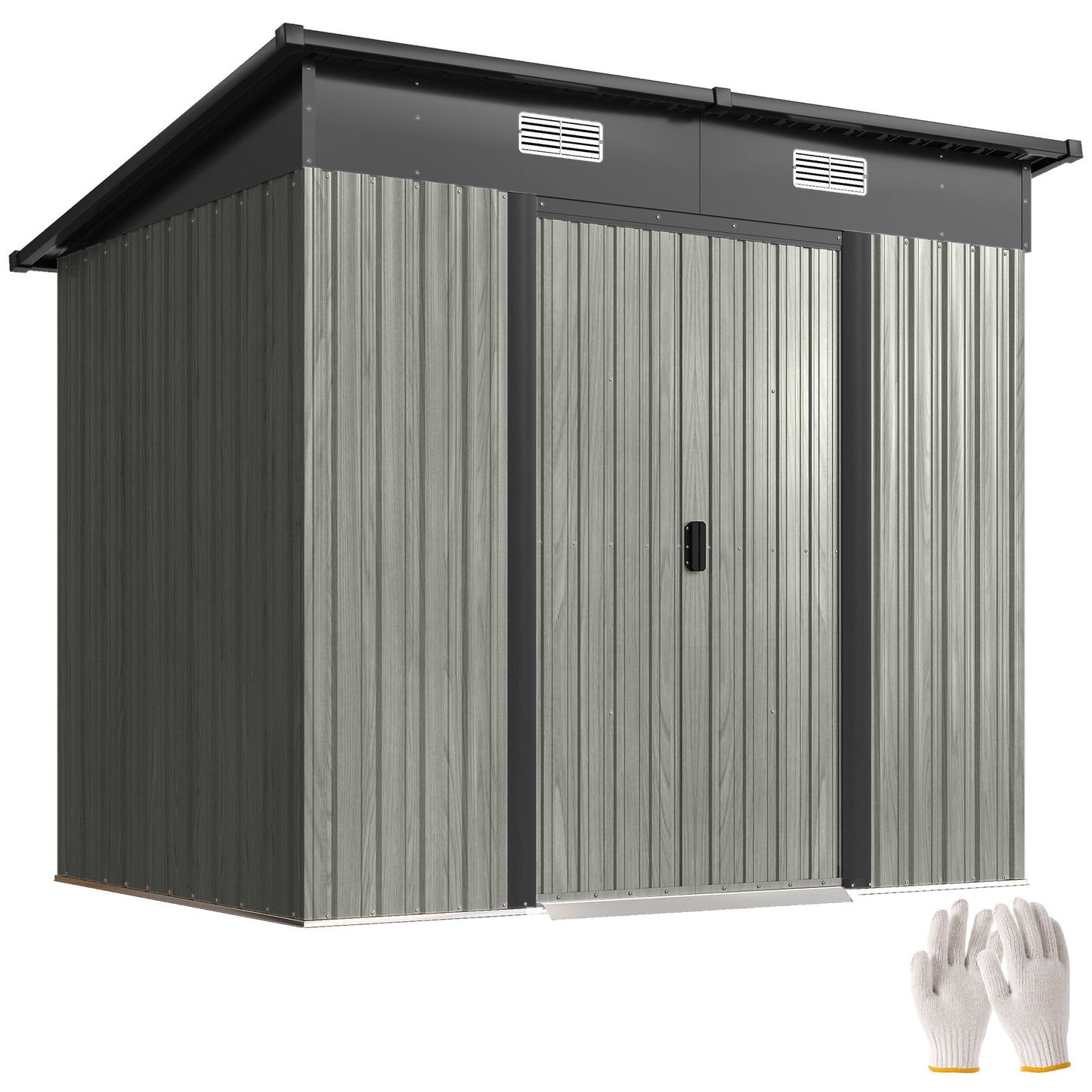 7 x 4ft Outdoor Storage Shed with Foundation Kit, Lean to Metal Garden Shed for Log, Rubbish Bin, Tool, Lawnmower, Bike, Patio Use, Light Grey Wood Effect