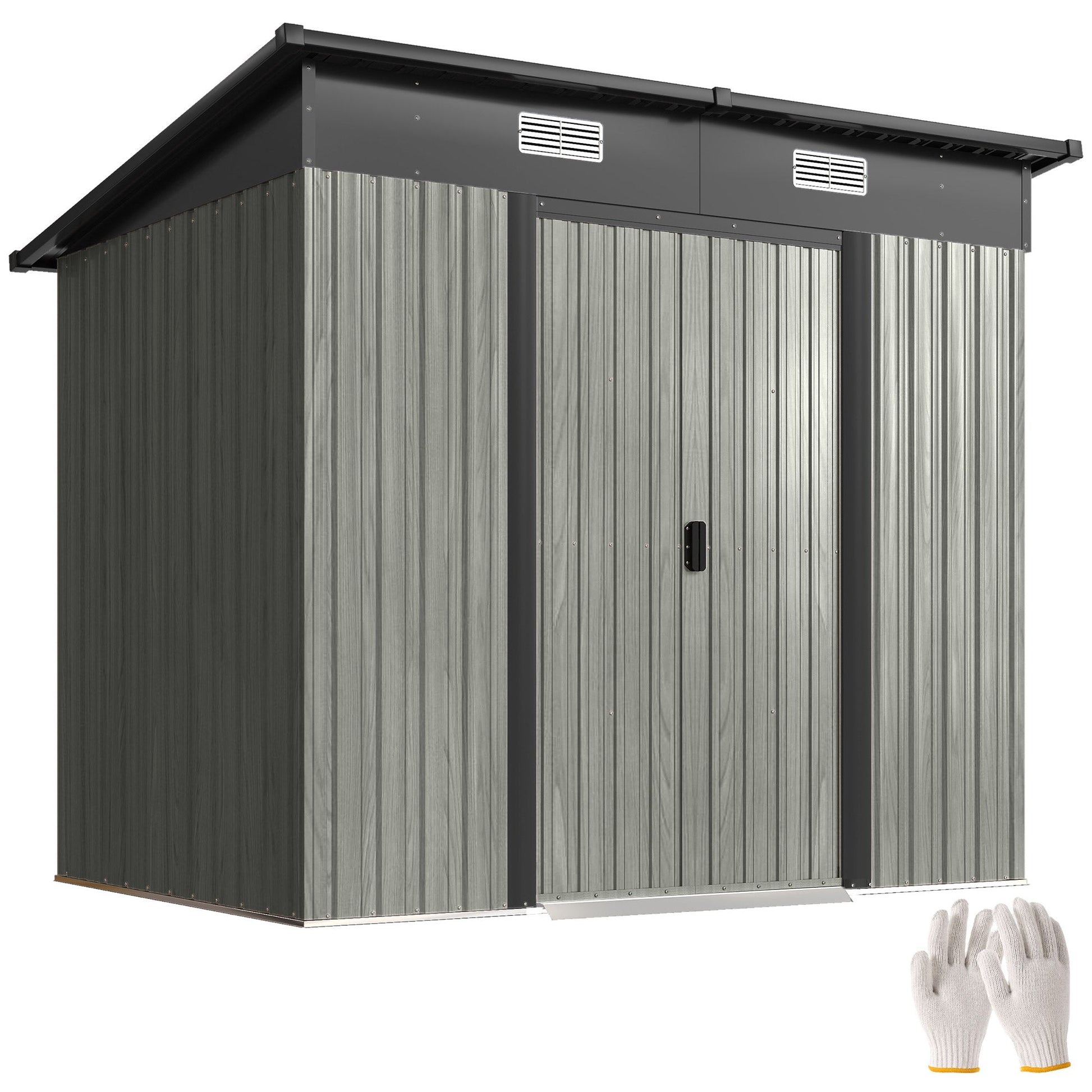 7 x 4ft Outdoor Storage Shed with Foundation Kit, Lean to Metal Garden Shed for Log, Rubbish Bin, Tool, Lawnmower, Bike, Patio Use, Light Grey Wood Effect
