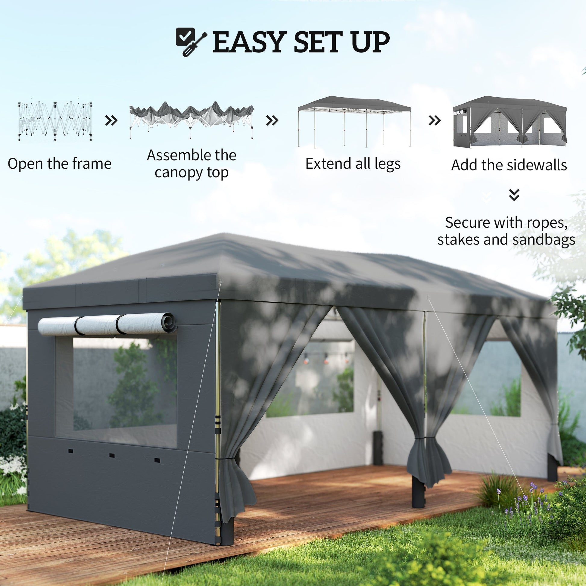3 x 6 m Pop Up Gazebo with 6 Sidewalls, UPF50+ Outdoor Wedding Party Tent Marquee, Adjustable Height Event Shelter with Wheeled Bag, Sandbags & Stakes, Dark Grey