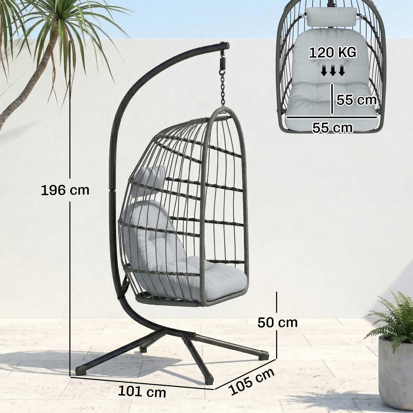 Hanging Egg Chair, Indoor Outdoor Hammock Swing Chair with Stand, Safety Strap, Foldable Basket, Thick Cushions, Headrest, Adjustable Height, Metal Frame for Garden Balcony, Dark/Light Grey