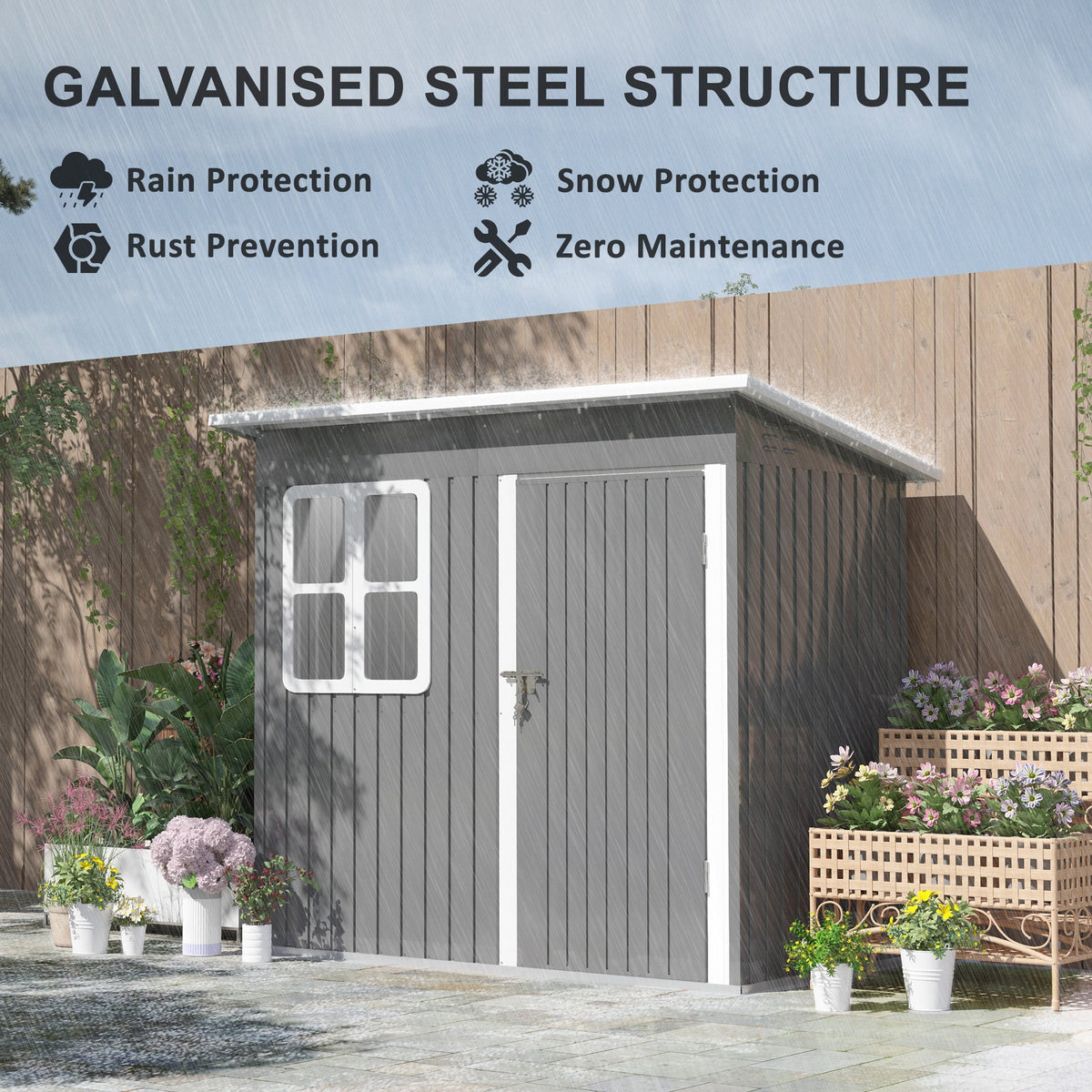 7 x 4ft Storage Shed Galvanised Steel Garden Shed, Metal Shed with Foundation Kit, Window, Lockable Wide Door and Air Vents for Outdoor Patio, Dark Grey