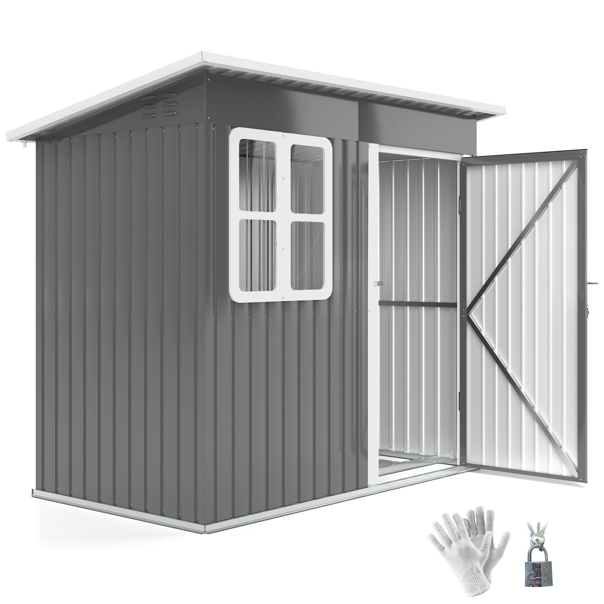 7 x 4ft Storage Shed Galvanised Steel Garden Shed, Metal Shed with Foundation Kit, Window, Lockable Wide Door and Air Vents for Outdoor Patio, Dark Grey