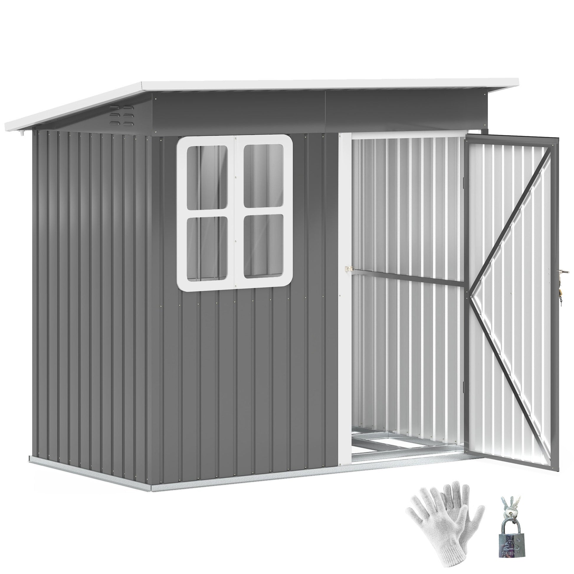 7 x 4ft Storage Shed Galvanised Steel Garden Shed, Metal Shed with Foundation Kit, Window, Lockable Wide Door and Air Vents for Outdoor Patio, Dark Grey