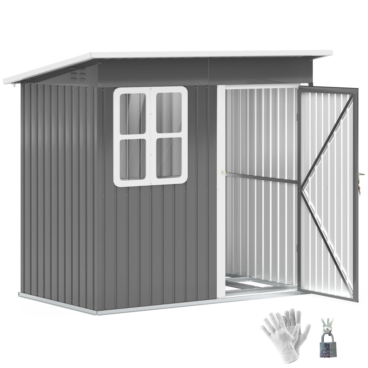 7 x 4ft Storage Shed Galvanised Steel Garden Shed, Metal Shed with Foundation Kit, Window, Lockable Wide Door and Air Vents for Outdoor Patio, Dark Grey