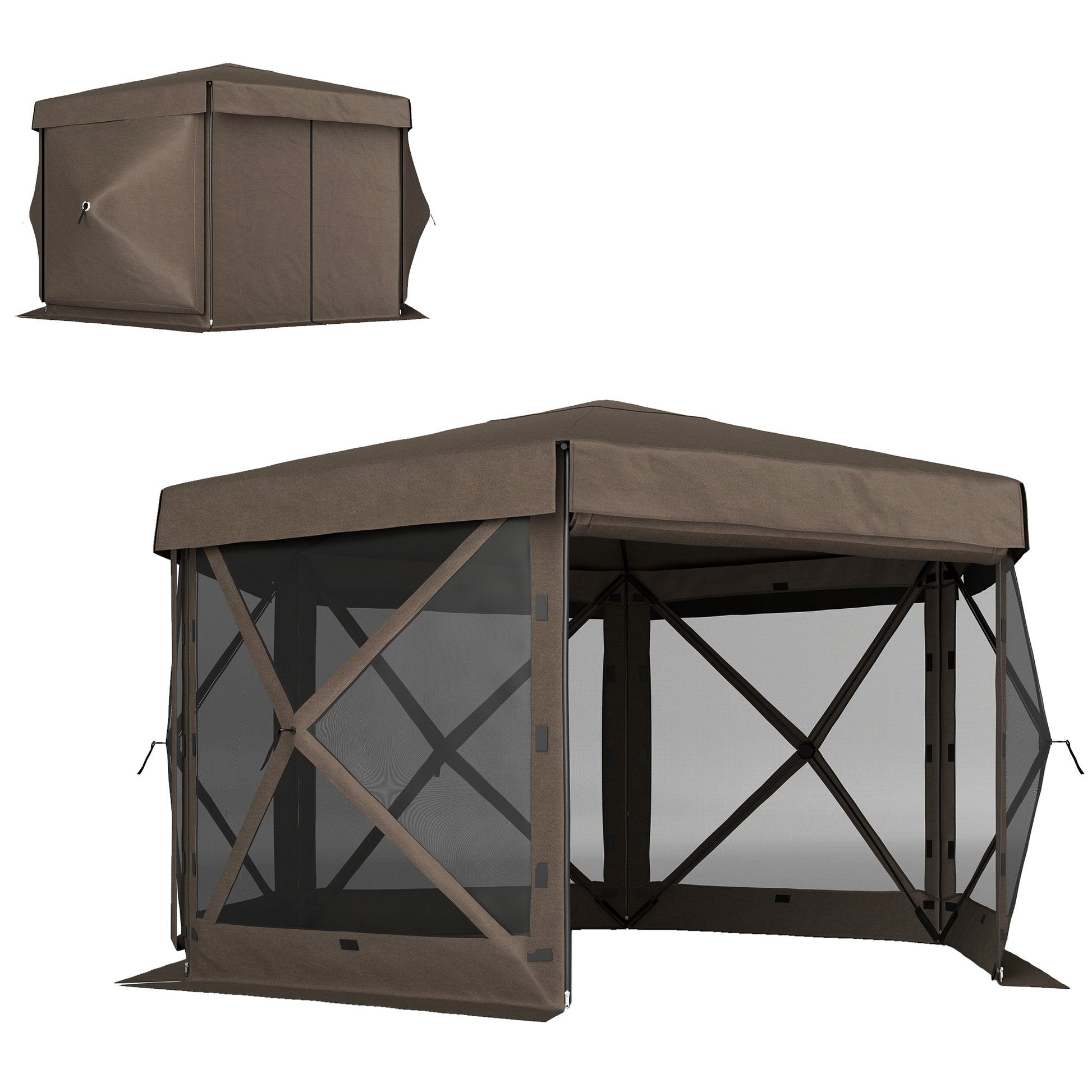 3 x 3(m) Hexagon Pop Up Gazebo with 5 Sides and Carry Bag, Waterproof, UV Resistant Party Tent Instant Event Shelter with Netting for Garden, Patio, Brown