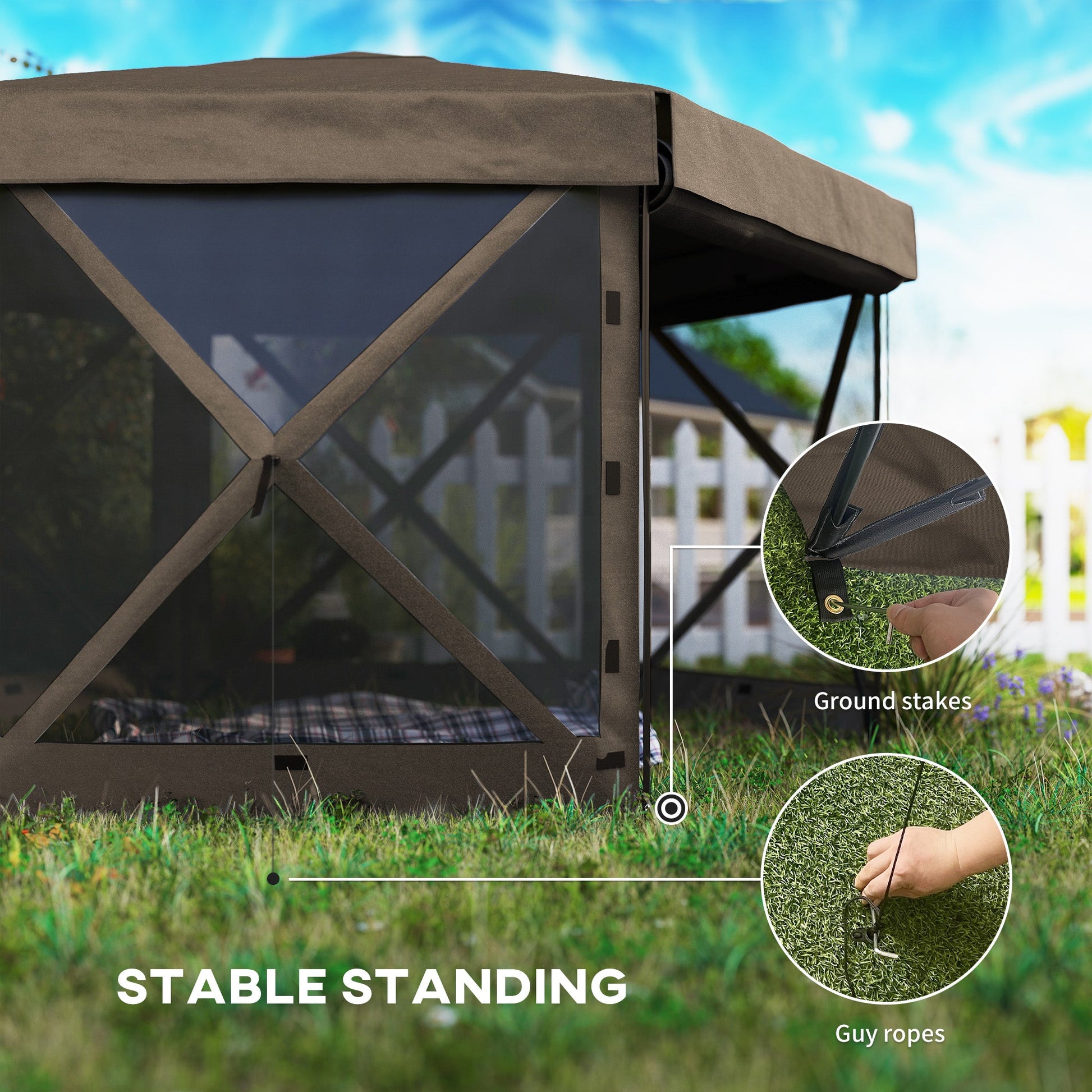 3 x 3(m) Hexagon Pop Up Gazebo with 5 Sides and Carry Bag, Waterproof, UV Resistant Party Tent Instant Event Shelter with Netting for Garden, Patio, Brown