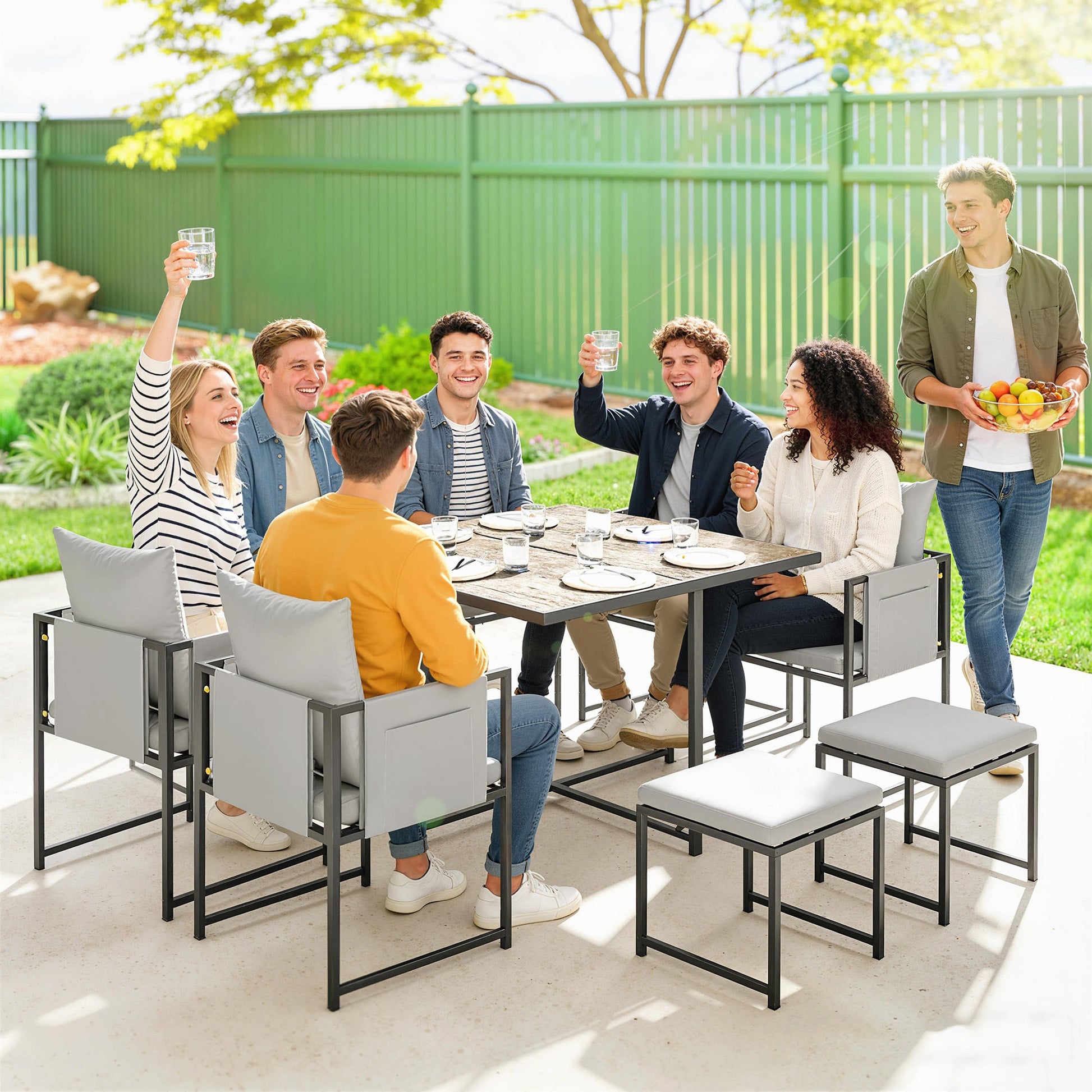 9 Piece Garden Dining Set, Cube Outdoor Garden Furniture Set with Cushions, 8 Seater Garden Table and Chairs with 4 Stools, Square Plastic Top Table, Side Pockets for Conservatory, Dark Grey