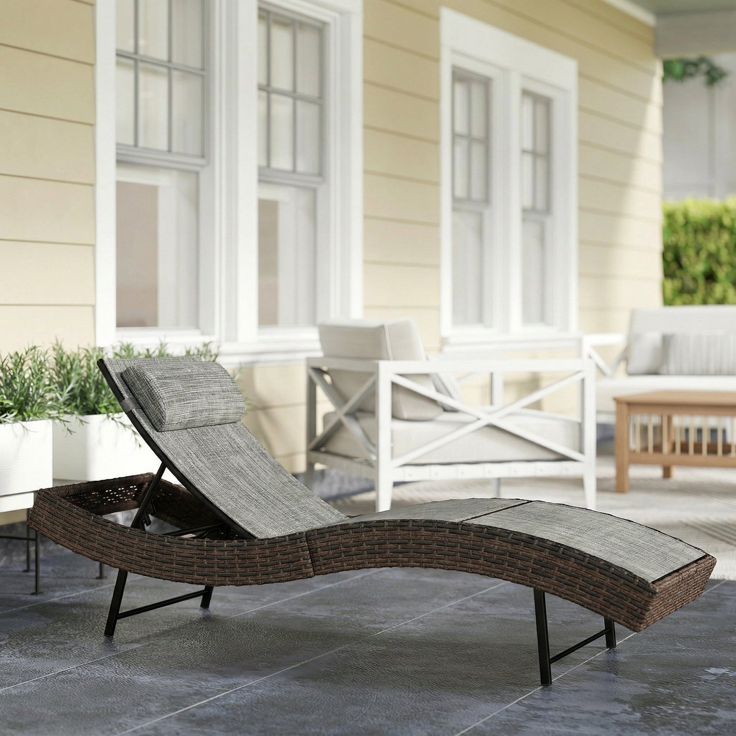 Rattan Sun Lounger, 5 Position Adjustable Garden Lounger Recliner with S Shaped Texteline Seat and Headrest, Reclining Outdoor Sunbed with Metal Frame for Patio, Terrace, Brown