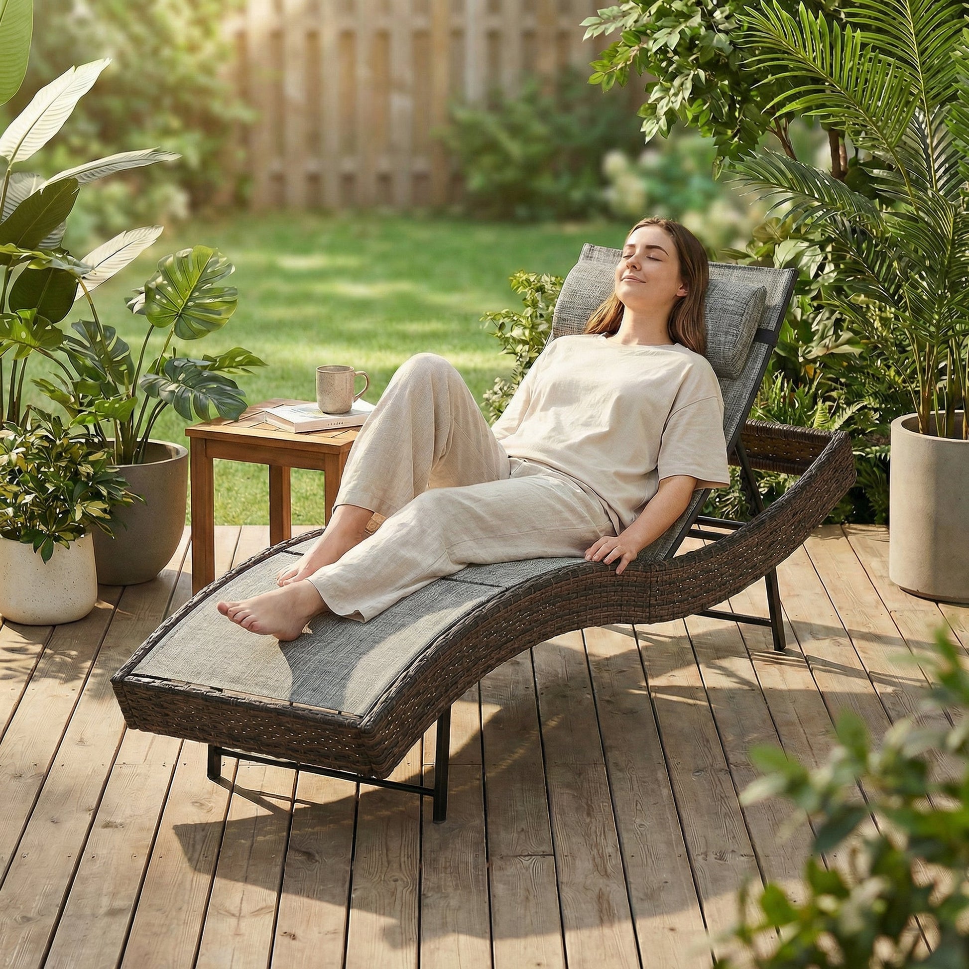 Rattan Sun Lounger, 5 Position Adjustable Garden Lounger Recliner with S Shaped Texteline Seat and Headrest, Reclining Outdoor Sunbed with Metal Frame for Patio, Terrace, Brown