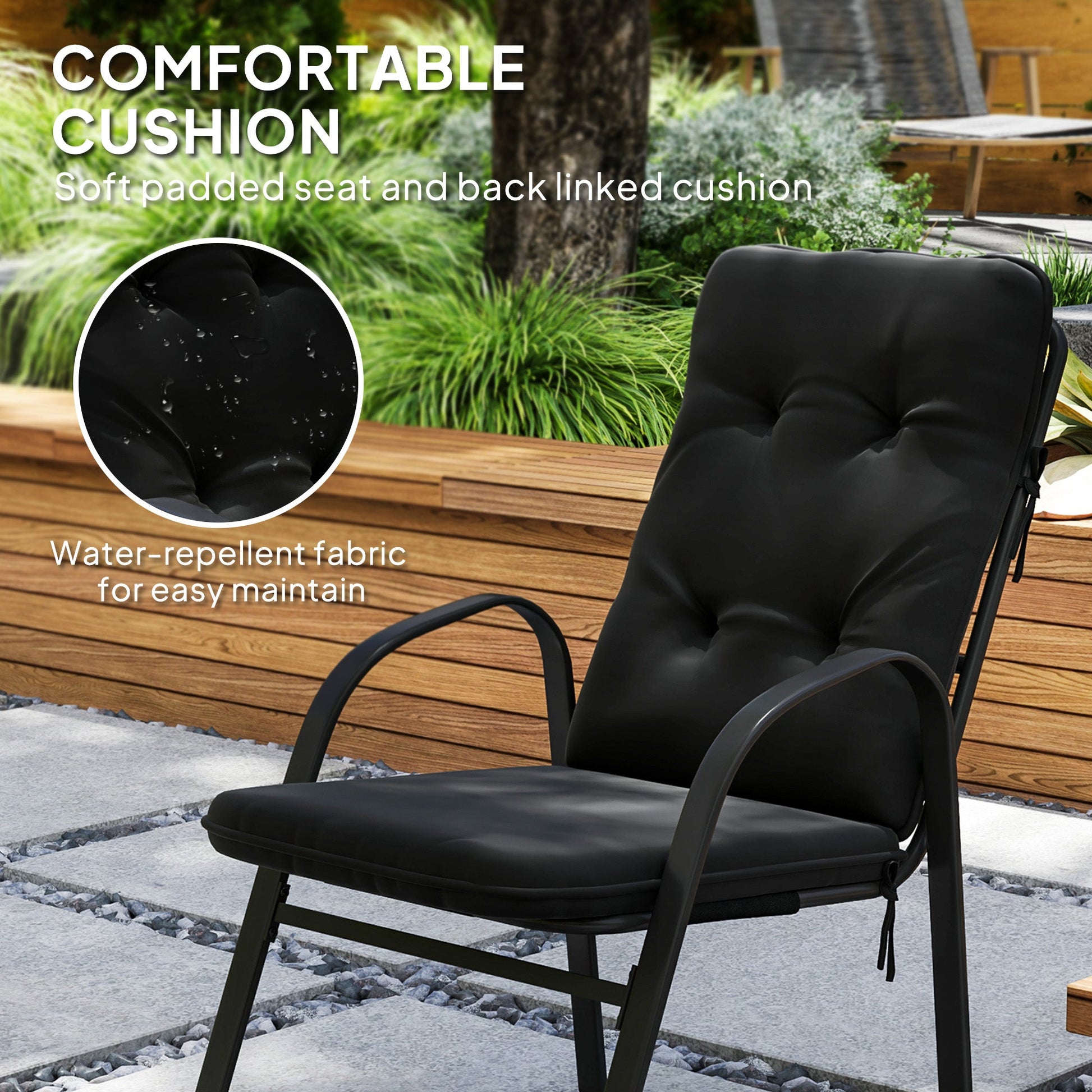7 Pieces Garden Dining Set, Outdoor Rectangular Dining Table and 6 Cushioned Armchairs, Tempered Glass Top Table w/ Umbrella Hole, Texteline Seats, Black