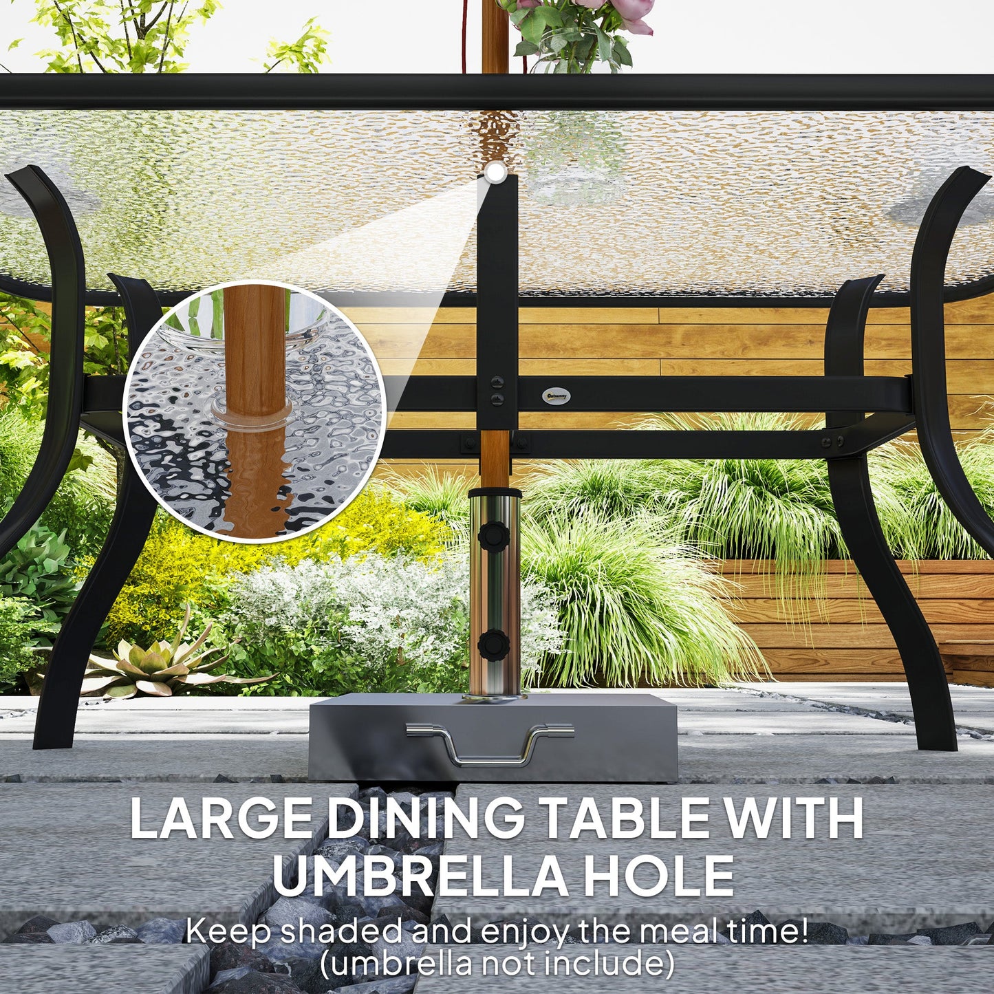 7 Pieces Garden Dining Set, Outdoor Rectangular Dining Table and 6 Cushioned Armchairs, Tempered Glass Top Table w/ Umbrella Hole, Texteline Seats, Black