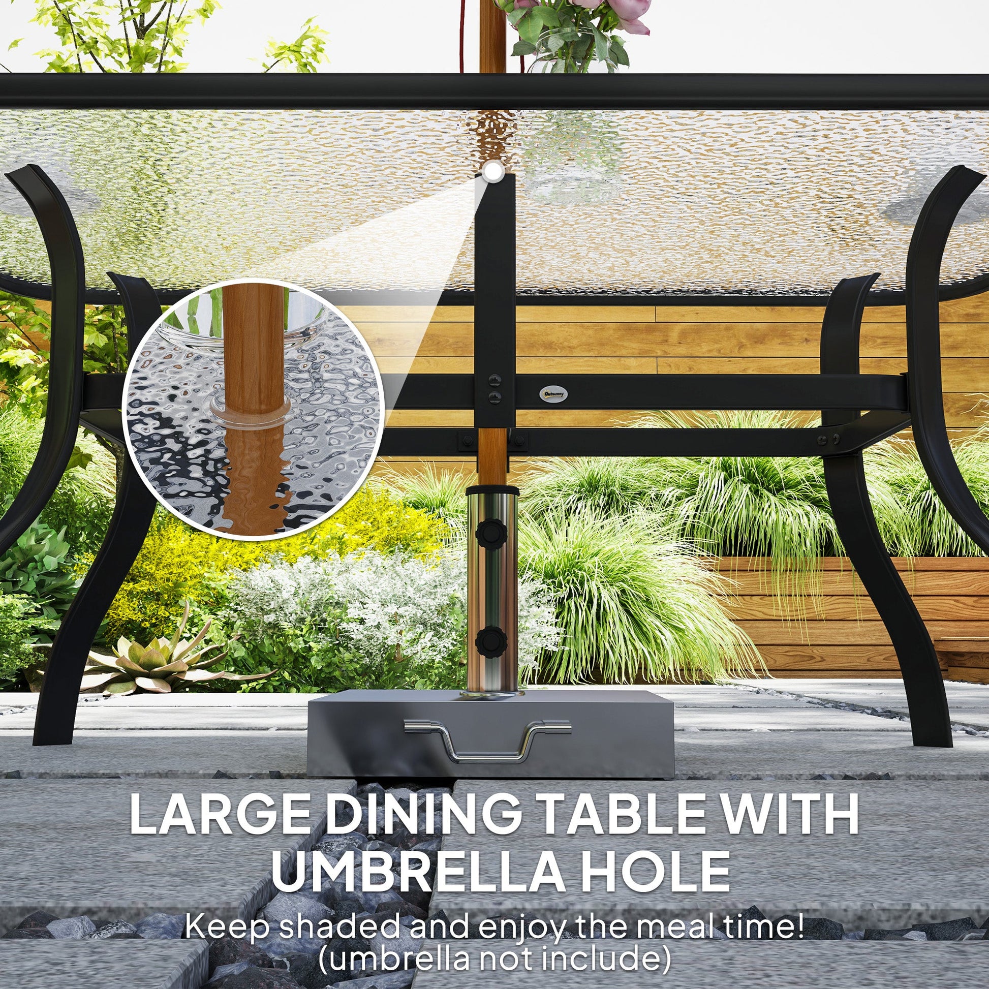 7 Pieces Garden Dining Set, Outdoor Rectangular Dining Table and 6 Cushioned Armchairs, Tempered Glass Top Table w/ Umbrella Hole, Texteline Seats, Black
