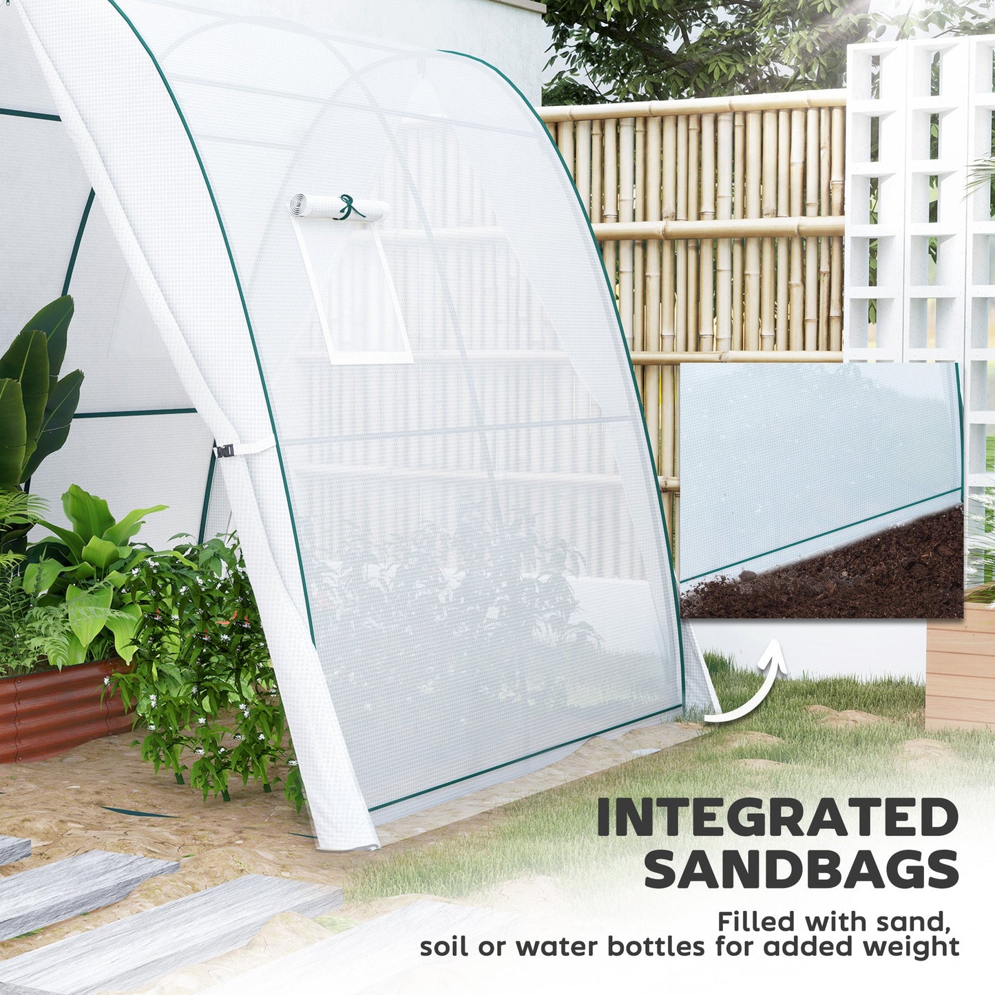 Hoop House Greenhouse with Sandbags and Hemmed PE Cover, 1.8 x 1.8 x 2m Walk-In Tunnel Green House with 2 Doors and Screen Windows, Portable Greenhouse Gardening Plant Hot House, White