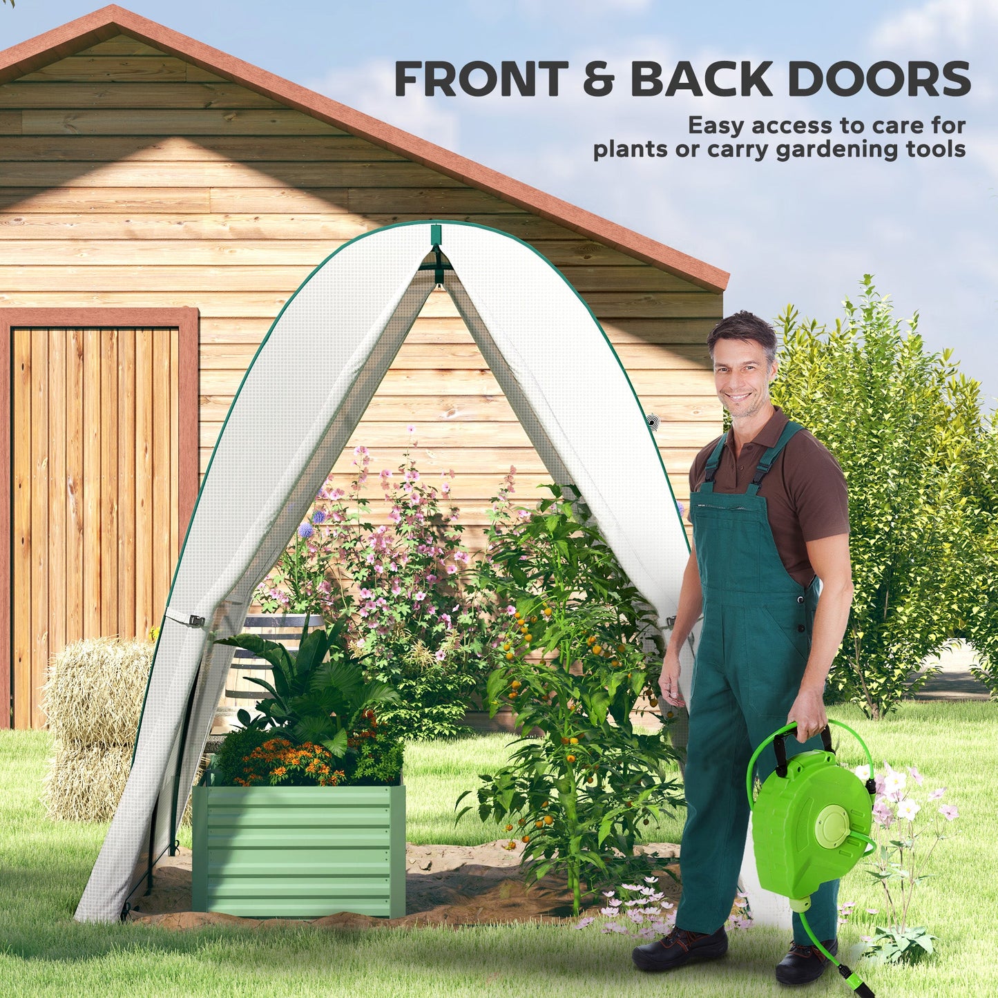 Hoop House Greenhouse with Sandbags and Hemmed PE Cover, 1.8 x 1.8 x 2m Walk-In Tunnel Green House with 2 Doors and Screen Windows, Portable Greenhouse Gardening Plant Hot House, White