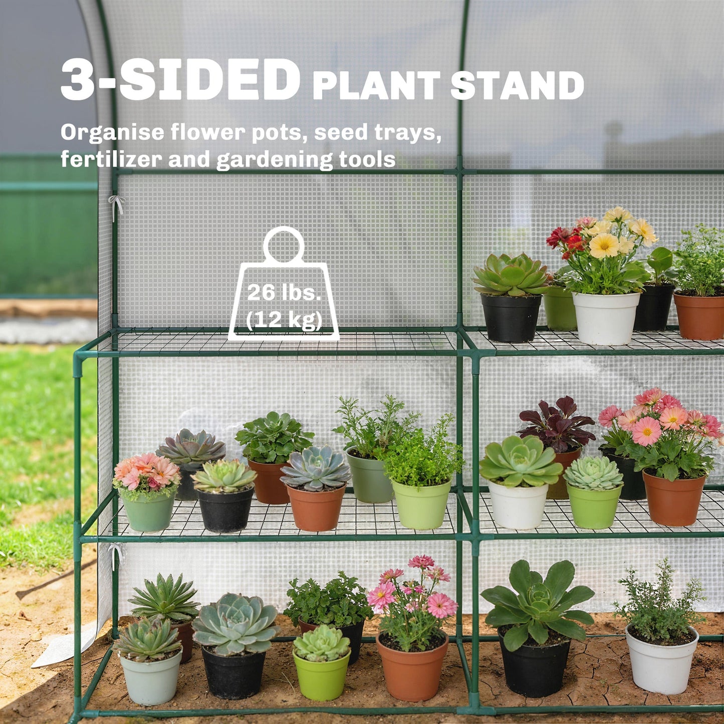 Walk-in Greenhouse with Shelves, Small Greenhouse with Roll-up Door, Garden Plant Growhouse with PE Cover, 123 x 187 x 189 cm, White