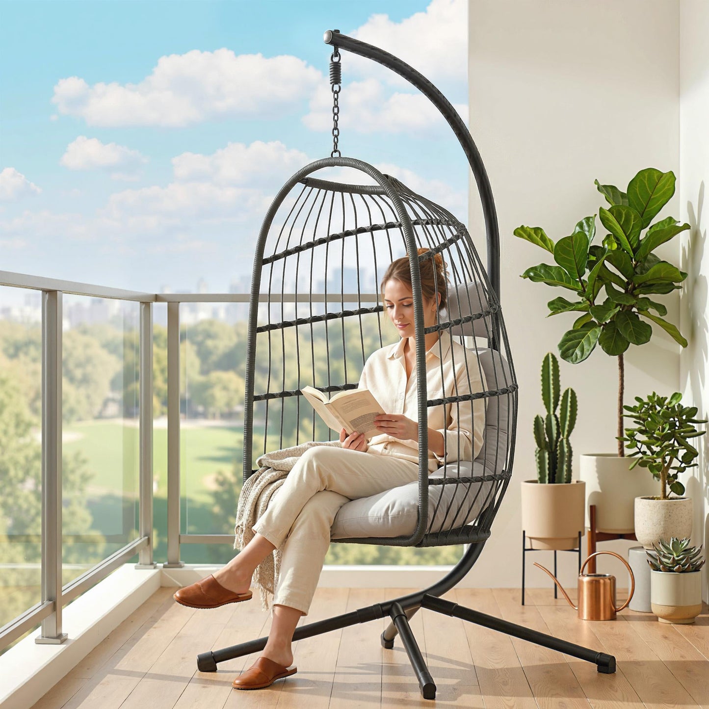 Hanging Egg Chair, Indoor Outdoor Hammock Swing Chair with Stand, Safety Strap, Foldable Basket, Thick Cushions, Headrest, Adjustable Height, Metal Frame for Garden Balcony, Dark/Light Grey