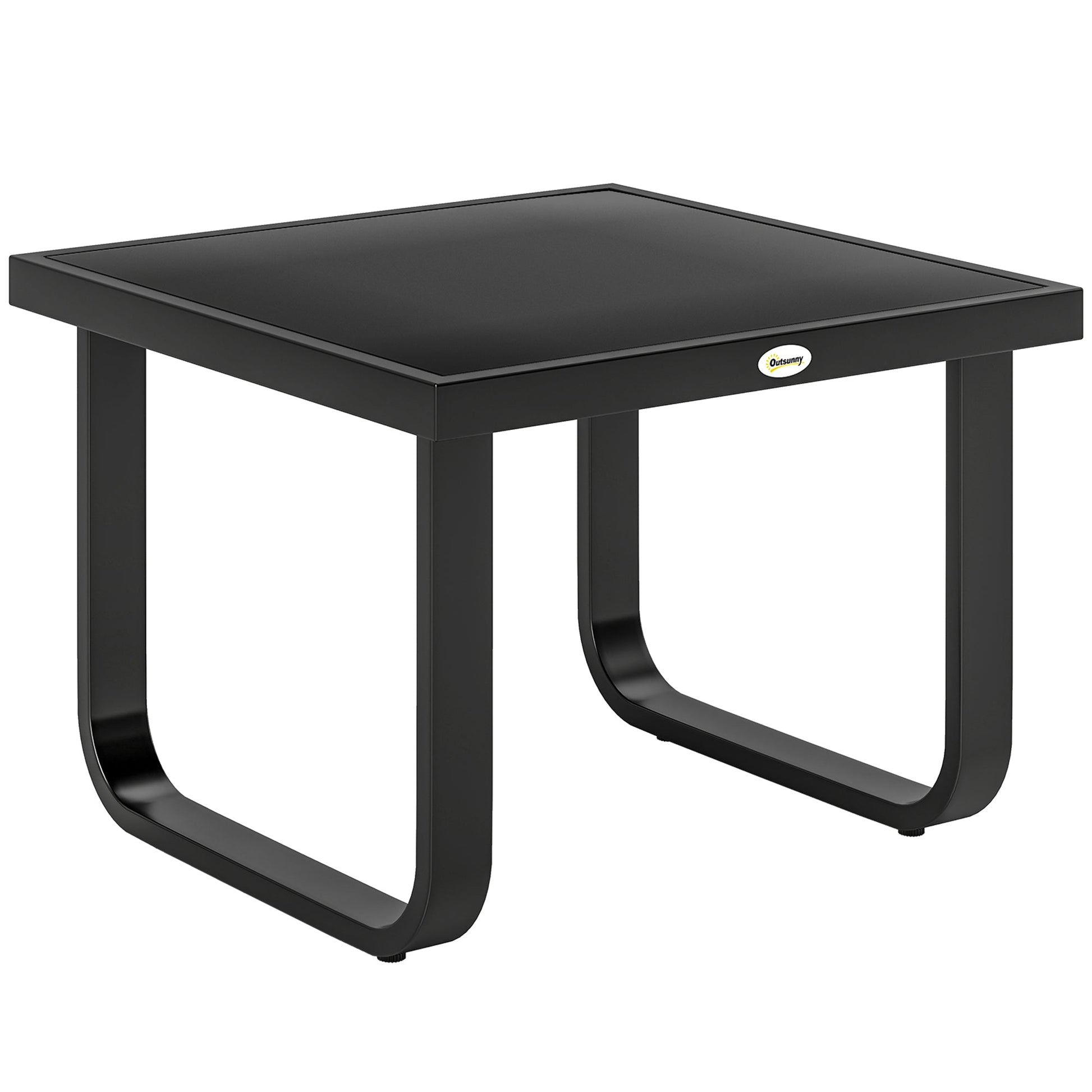 Metal Garden Coffee Table, Outdoor Rectangle Side Table with Tempered Glass Tabletop and Adjustable Foot Pads for Terrace, Balcony, Patio, 45 x 45 x 33 cm, Black