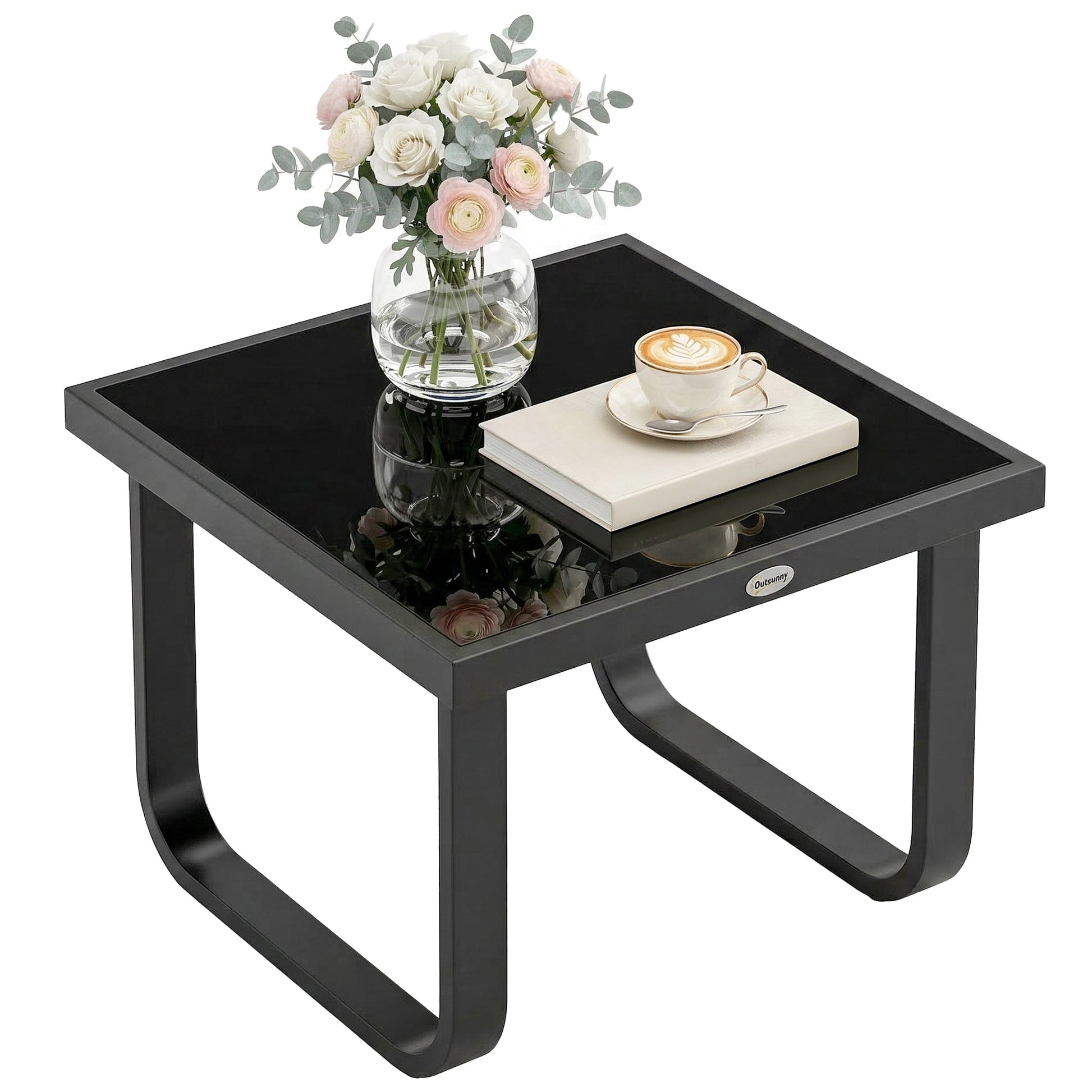 Metal Garden Coffee Table, Outdoor Rectangle Side Table with Tempered Glass Tabletop and Adjustable Foot Pads for Terrace, Balcony, Patio, 45 x 45 x 33 cm, Black