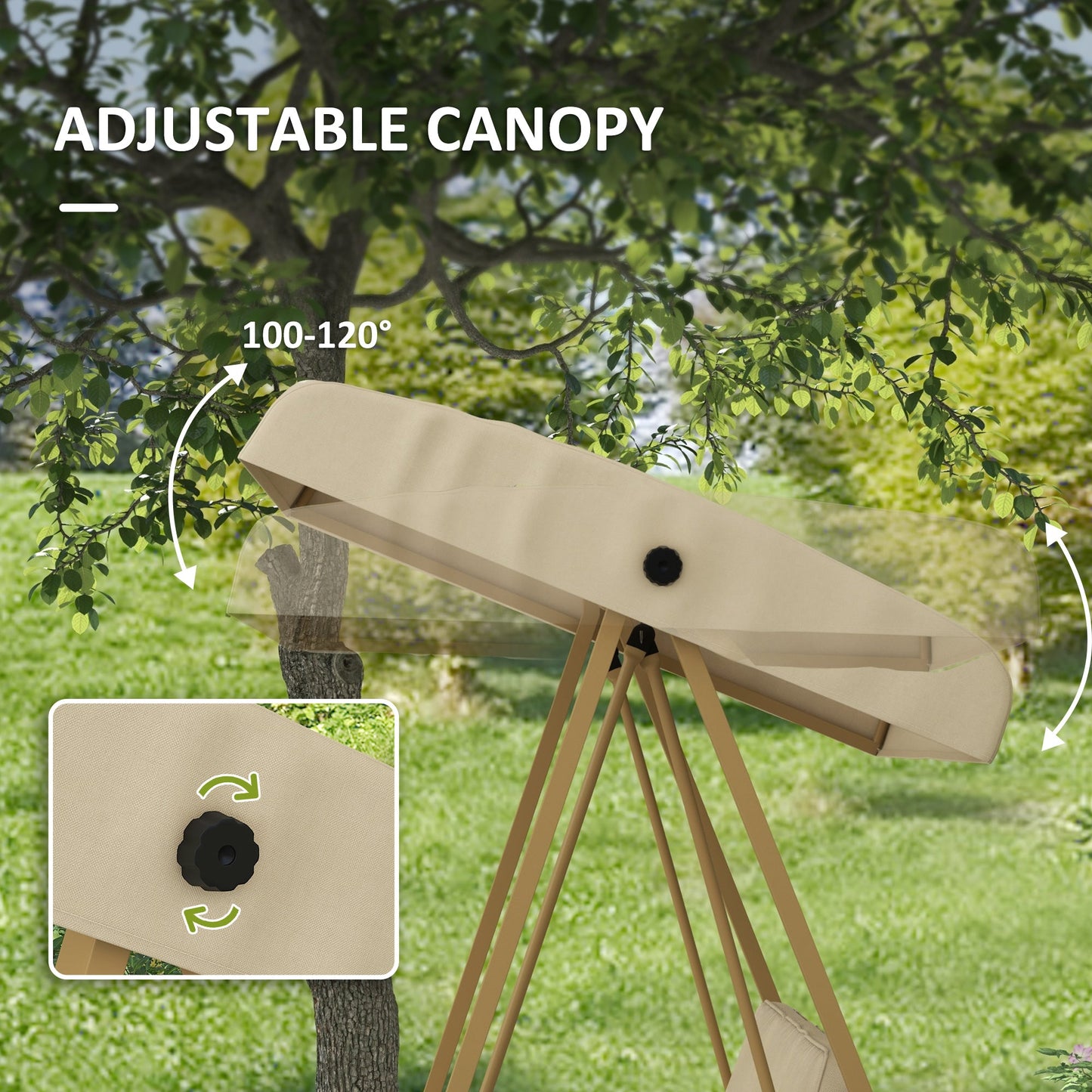 3 Seater Garden Swing Chair, Outdoor Hammock Bench with Adjustable Canopy, Removable Cushions and Steel Frame, Beige