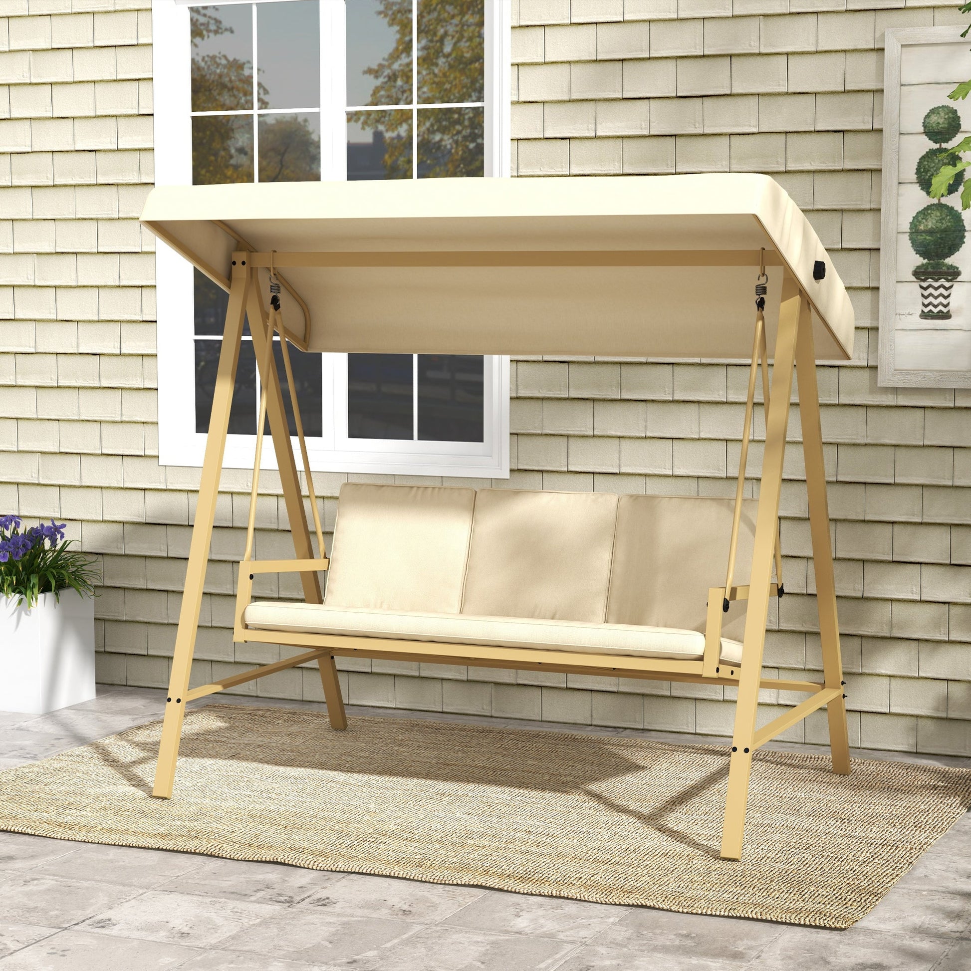 3 Seater Garden Swing Chair, Outdoor Hammock Bench with Adjustable Canopy, Removable Cushions and Steel Frame, Beige