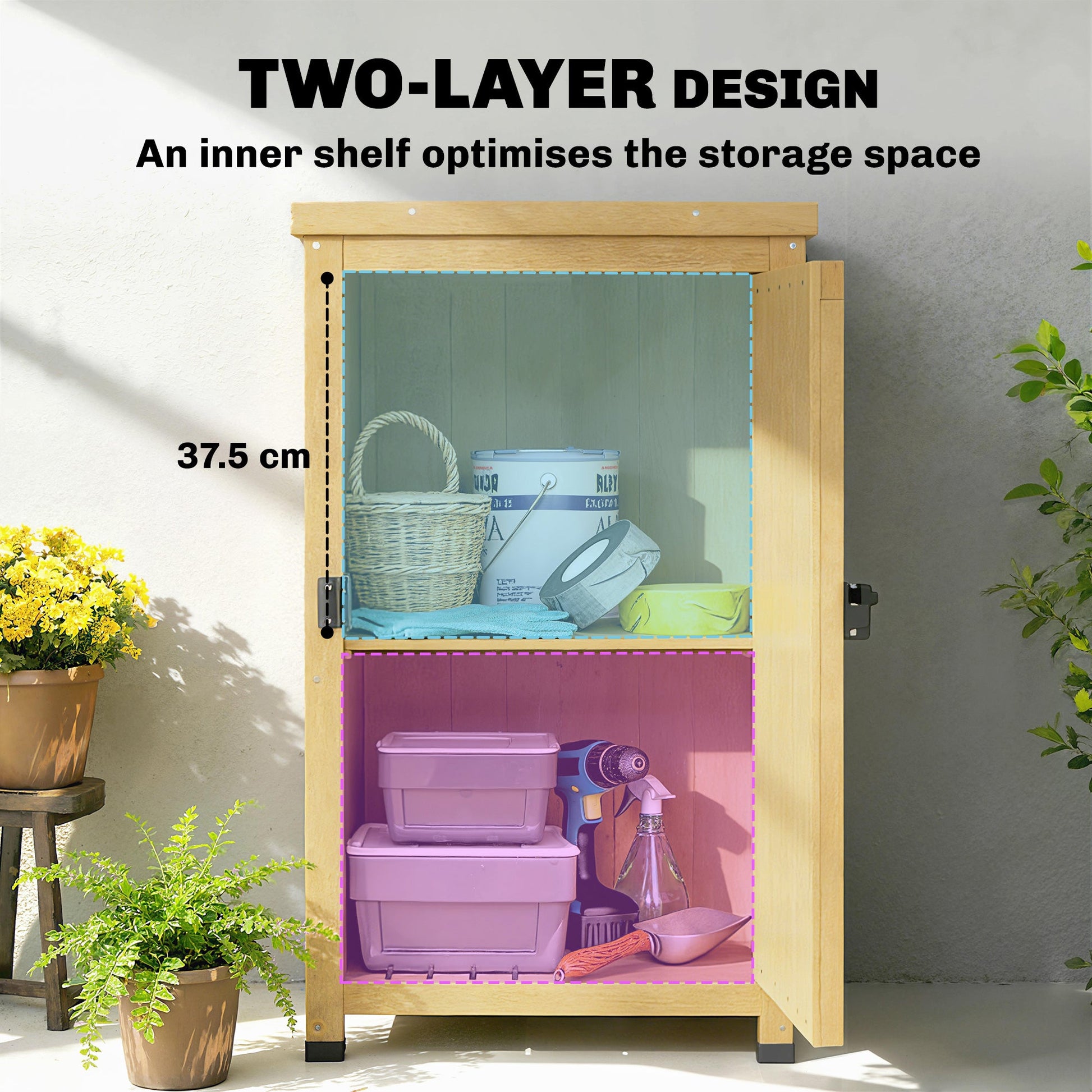 Wooden Garden Shed, Garden Tool Storage Shed with Galvanised Top and Shelf, Outdoor Storage Cabinet with Door, Light Brown