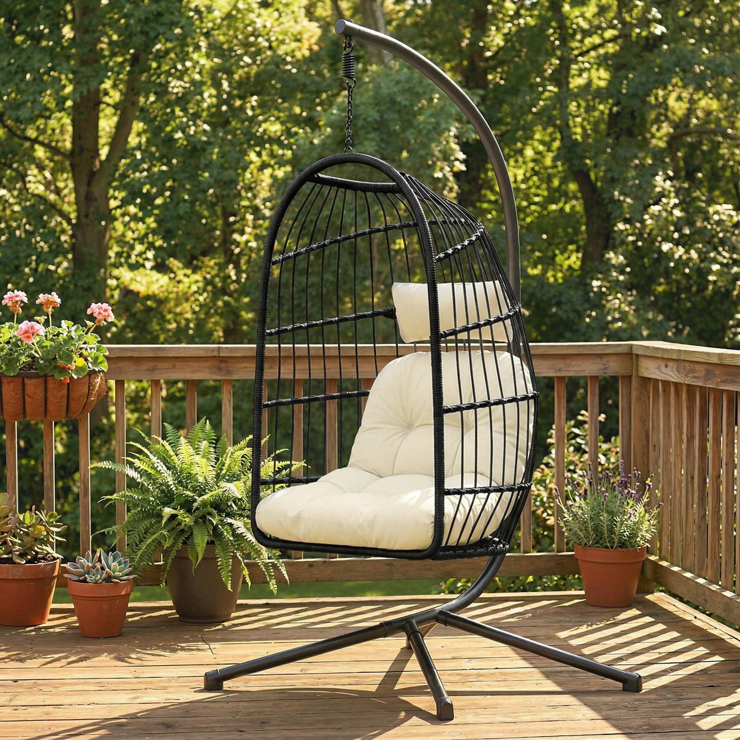 Hanging Egg Chair, Indoor Outdoor Hammock Swing Chair with Stand, Safety Strap, Foldable Basket, Thick Cushions, Headrest, Adjustable Height, Metal Frame for Garden Balcony, Black/Cream White