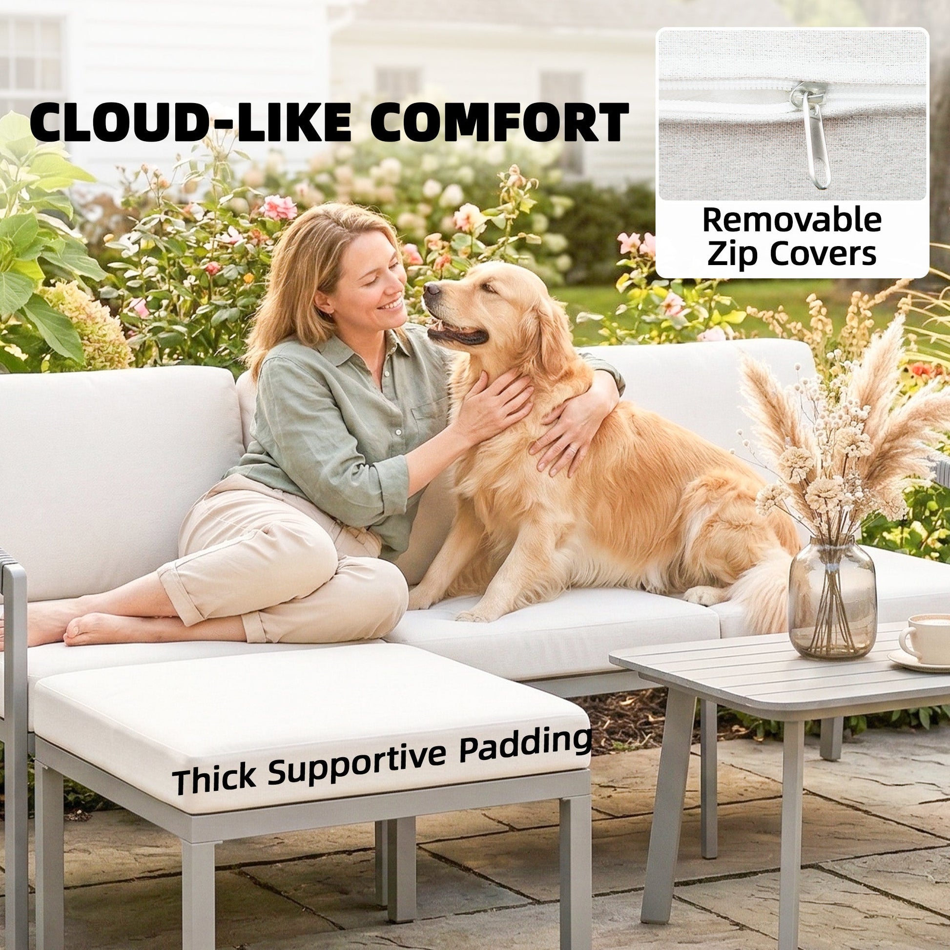 3 Piece Garden Dining Set, Outdoor Patio Furniture with 3 Seater Sofa, Footstool, Coffee Table and Cuhsions, Garden Sofa Set Conversation Furniture for Porch Patio Balcony, Grey