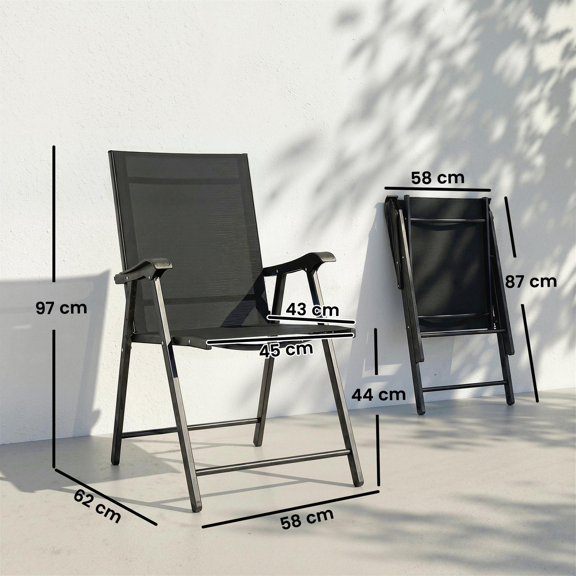 Folding Garden Chairs Set of 4, Foldable Garden Dining Chairs with High Back and Armrests, Breathable Texteline Folding Outdoor Chair Set with Metal Frame for Patio, Balcony, Black