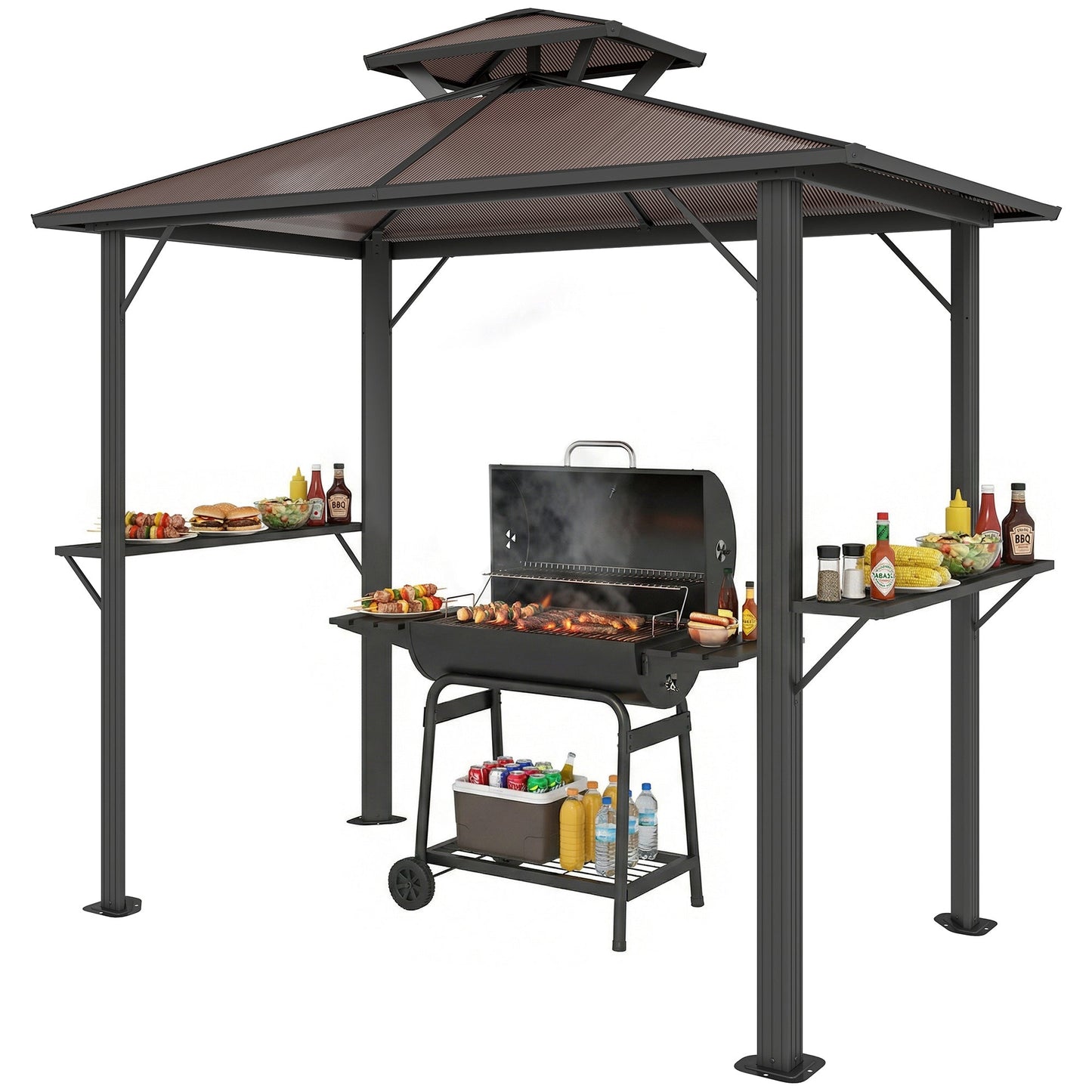 2.5 x 1.5 m Hardtop BBQ Grill Gazebo with Double Polycarbonate Roof, Aluminium Outdoor BBQ Gazebo Shelter Grill Canopy with 2 Side Shelves for Garden Patio, Brown