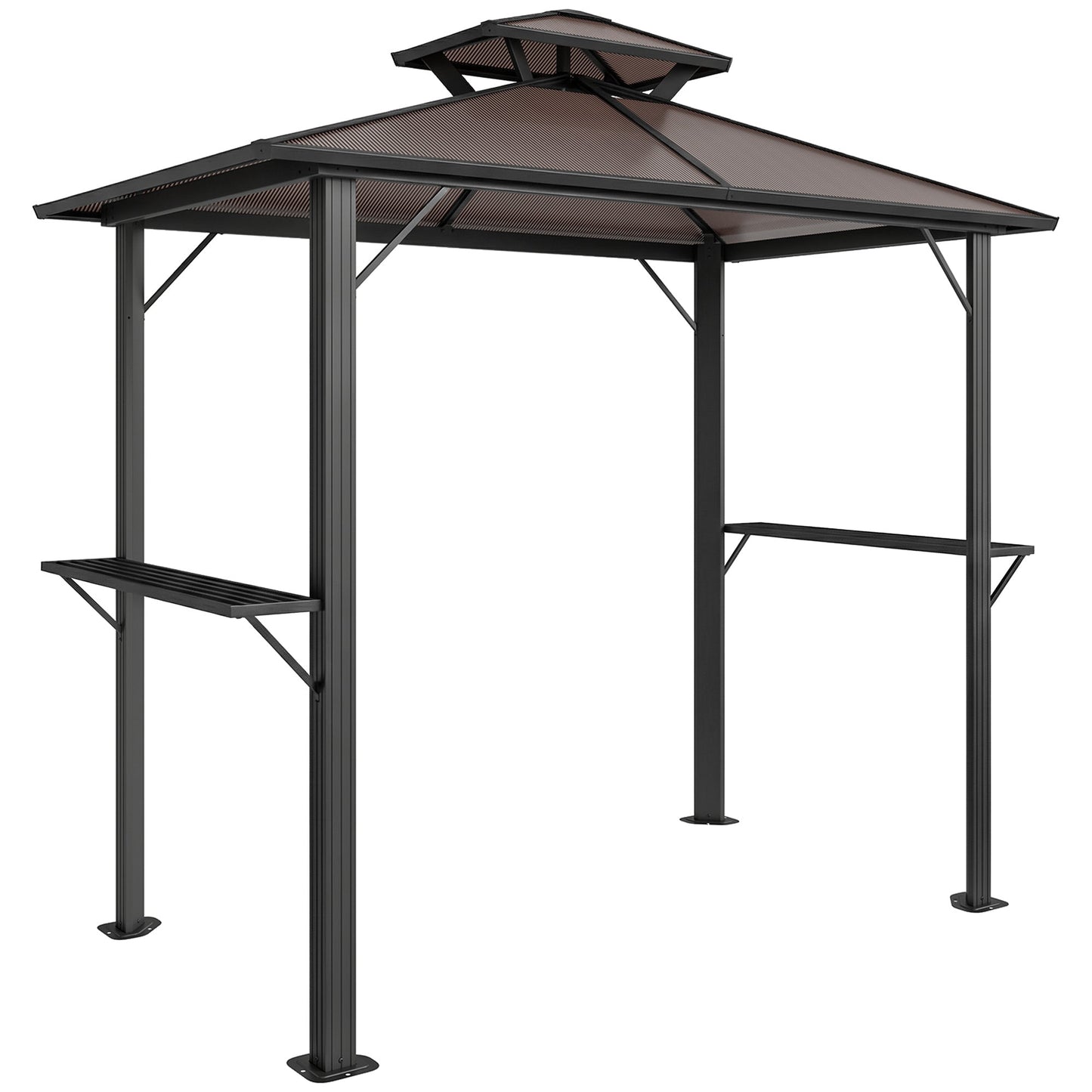 2.5 x 1.5 m Hardtop BBQ Grill Gazebo with Double Polycarbonate Roof, Aluminium Outdoor BBQ Gazebo Shelter Grill Canopy with 2 Side Shelves for Garden Patio, Brown