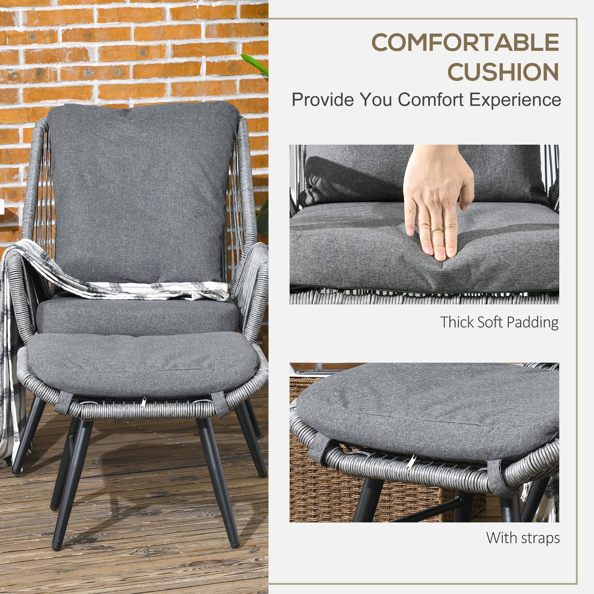 2 Pieces PE Rattan Garden Leisure Chair Set with Adjustable Backrest, Outdoor Reclining Patio Chair and Footrest with Cushion, Light Grey