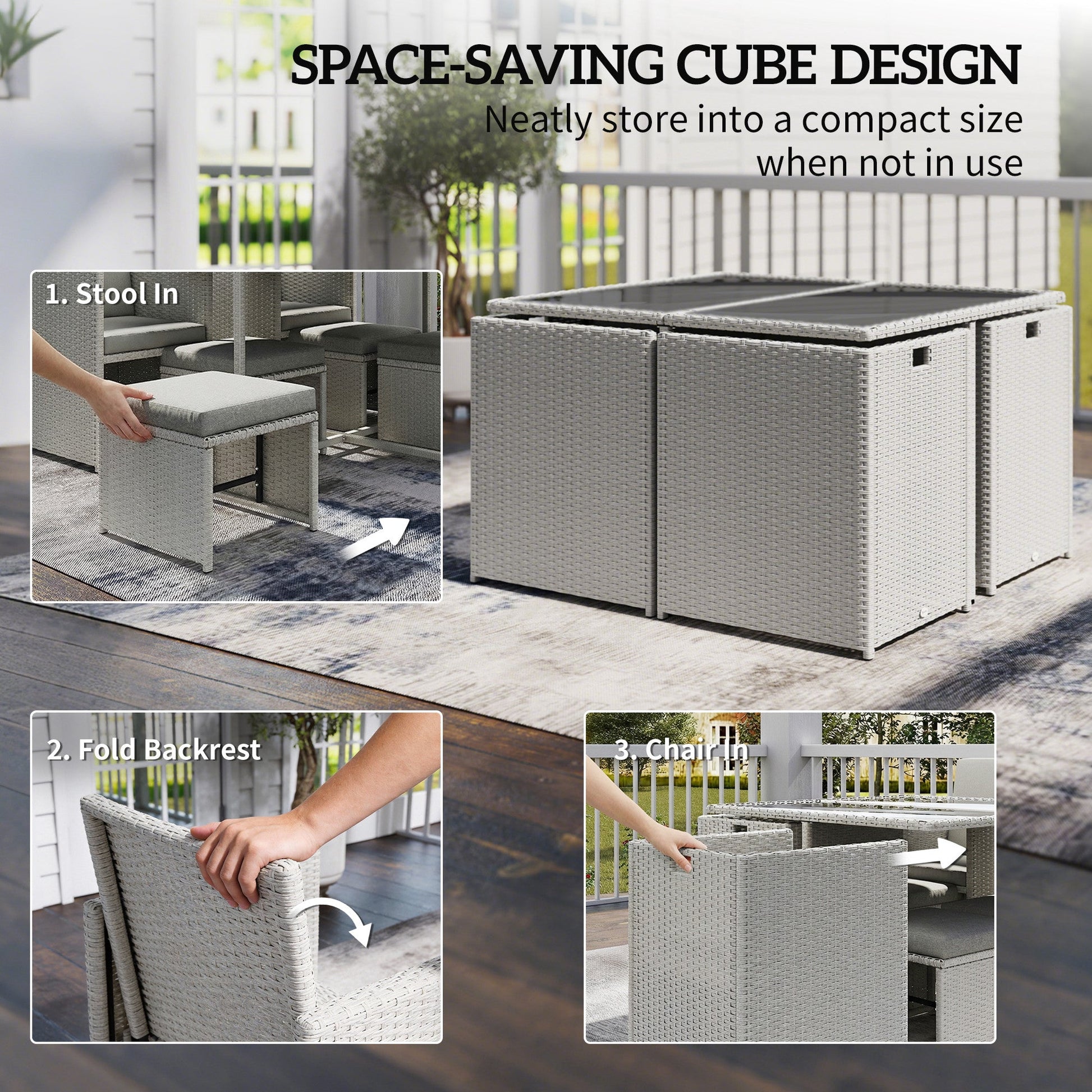 8 Seater Rattan Cube Garden Furniture Set, Space Saving Outdoor Dining Set with Cushions, Garden Table and Chairs with 4 Armchairs, 4 Footstools, Square Glass Top Table, Light Grey