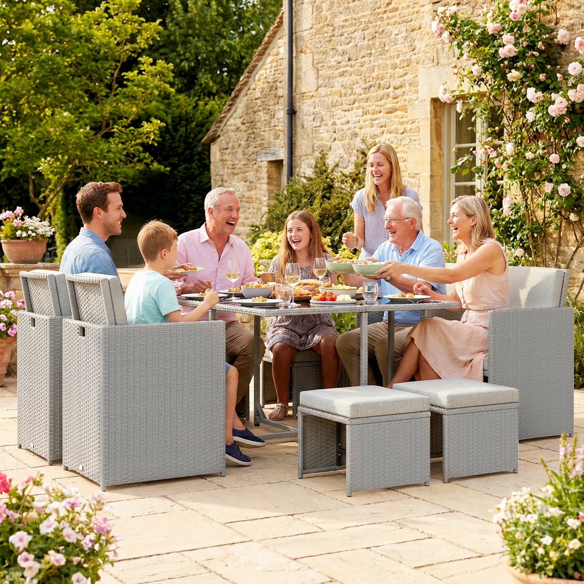 8 Seater Rattan Cube Garden Furniture Set, Space Saving Outdoor Dining Set with Cushions, Garden Table and Chairs with 4 Armchairs, 4 Footstools, Square Glass Top Table, Light Grey