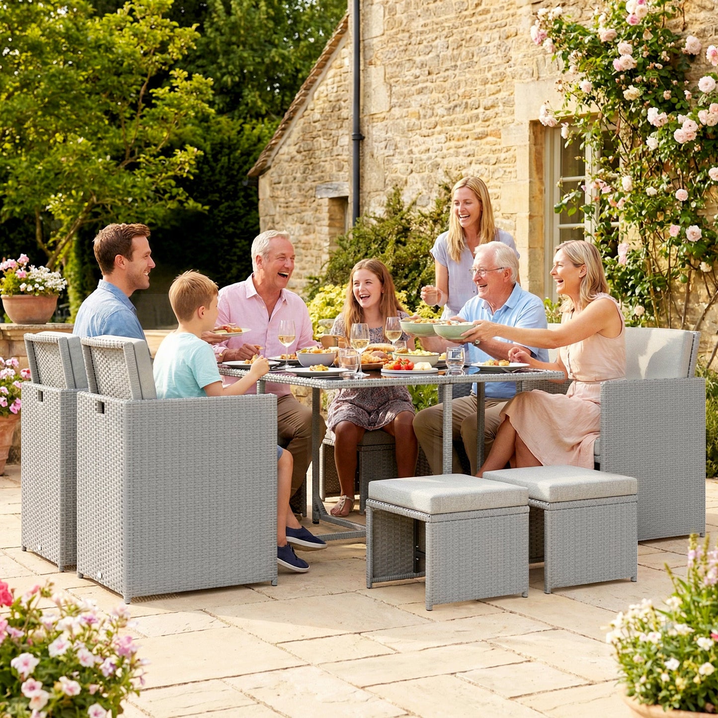 8 Seater Rattan Cube Garden Furniture Set, Space Saving Outdoor Dining Set with Cushions, Garden Table and Chairs with 4 Armchairs, 4 Footstools, Square Glass Top Table, Light Grey