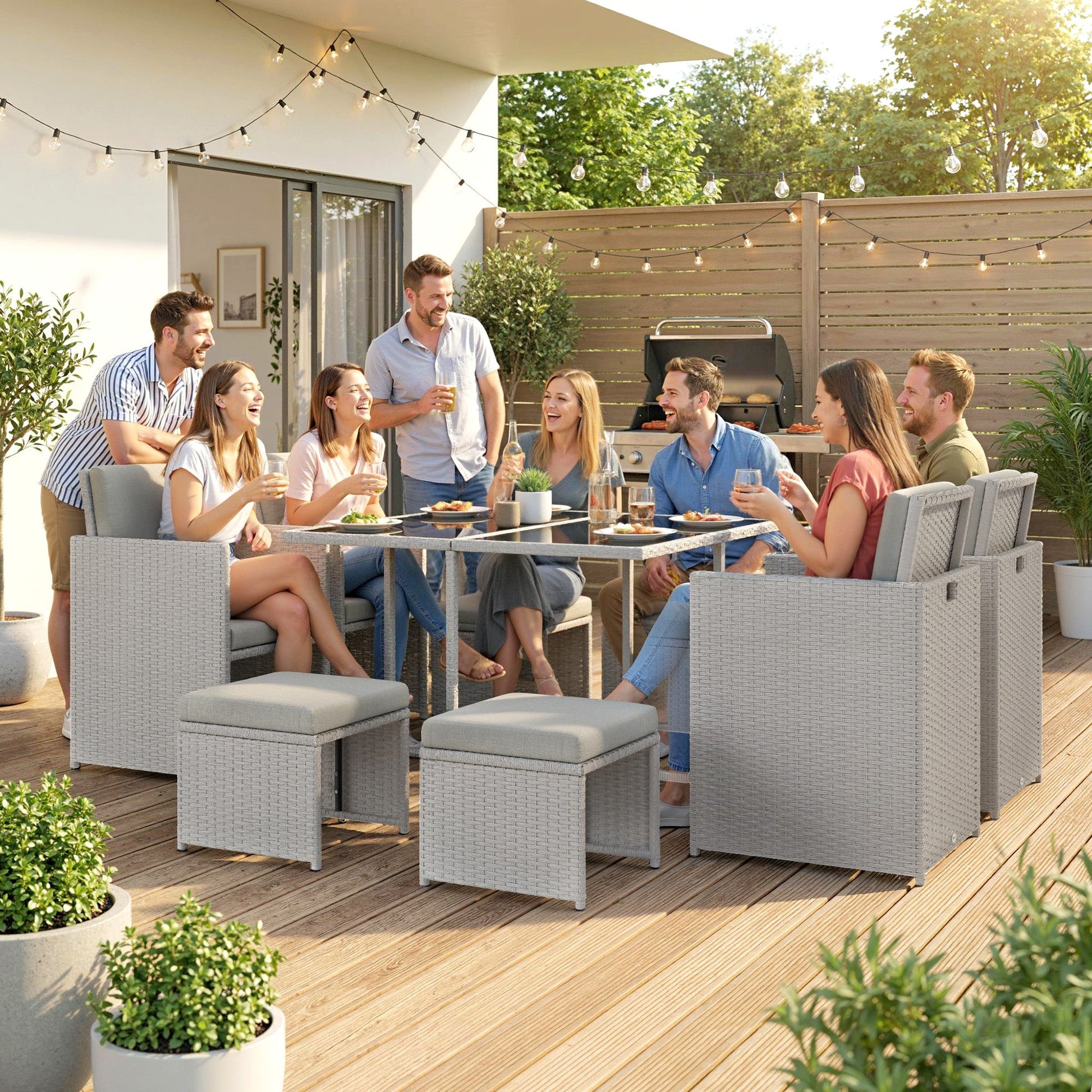 8 Seater Rattan Cube Garden Furniture Set, Space Saving Outdoor Dining Set with Cushions, Garden Table and Chairs with 4 Armchairs, 4 Footstools, Square Glass Top Table, Light Grey