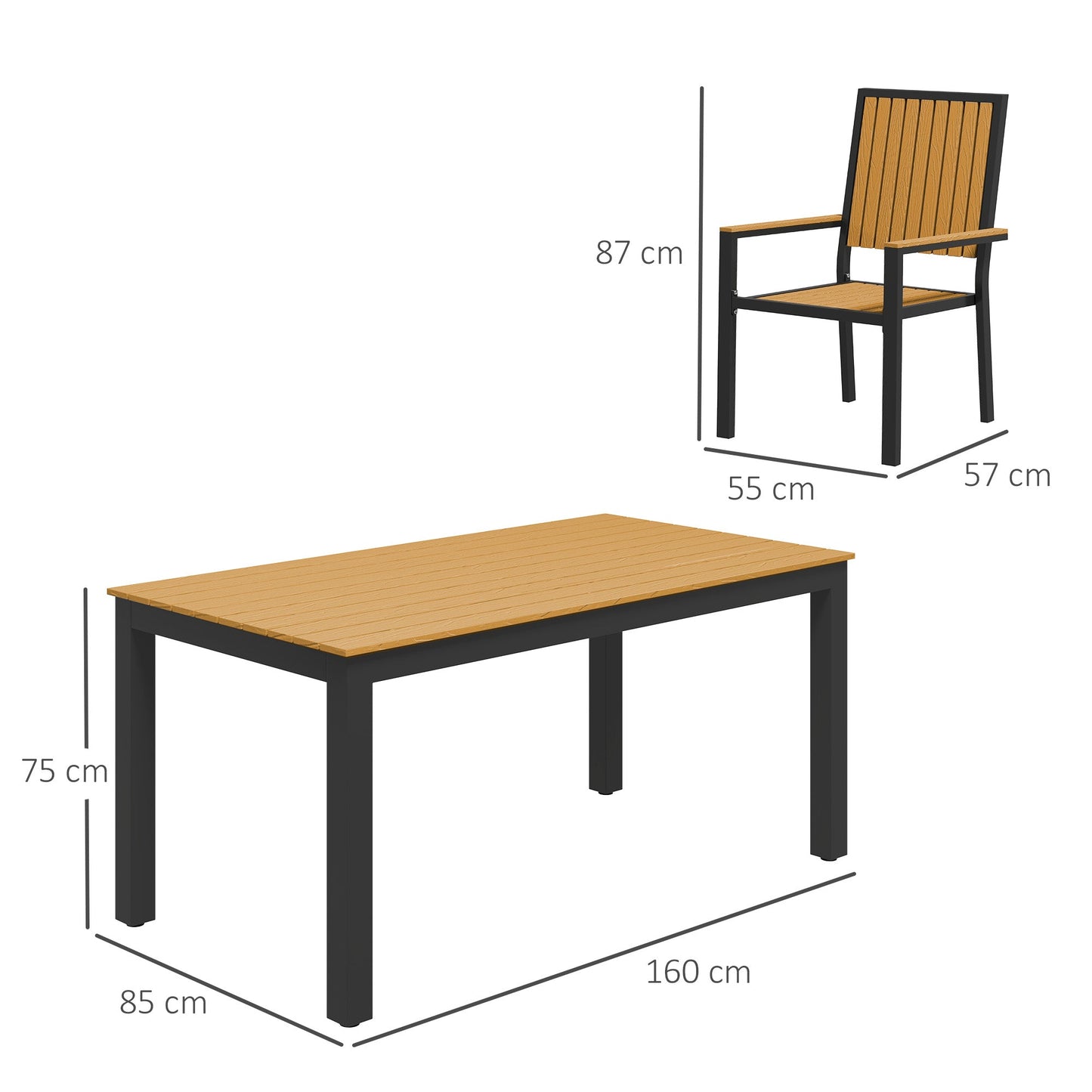 6 Seater Garden Dining Set with Stackable Chairs, Aluminium Frame, Rectangular Plastic Top, Garden Furniture Set, Outdoor Dining Table and Chairs for Patio, Balcony, Poolside, Nature Wood