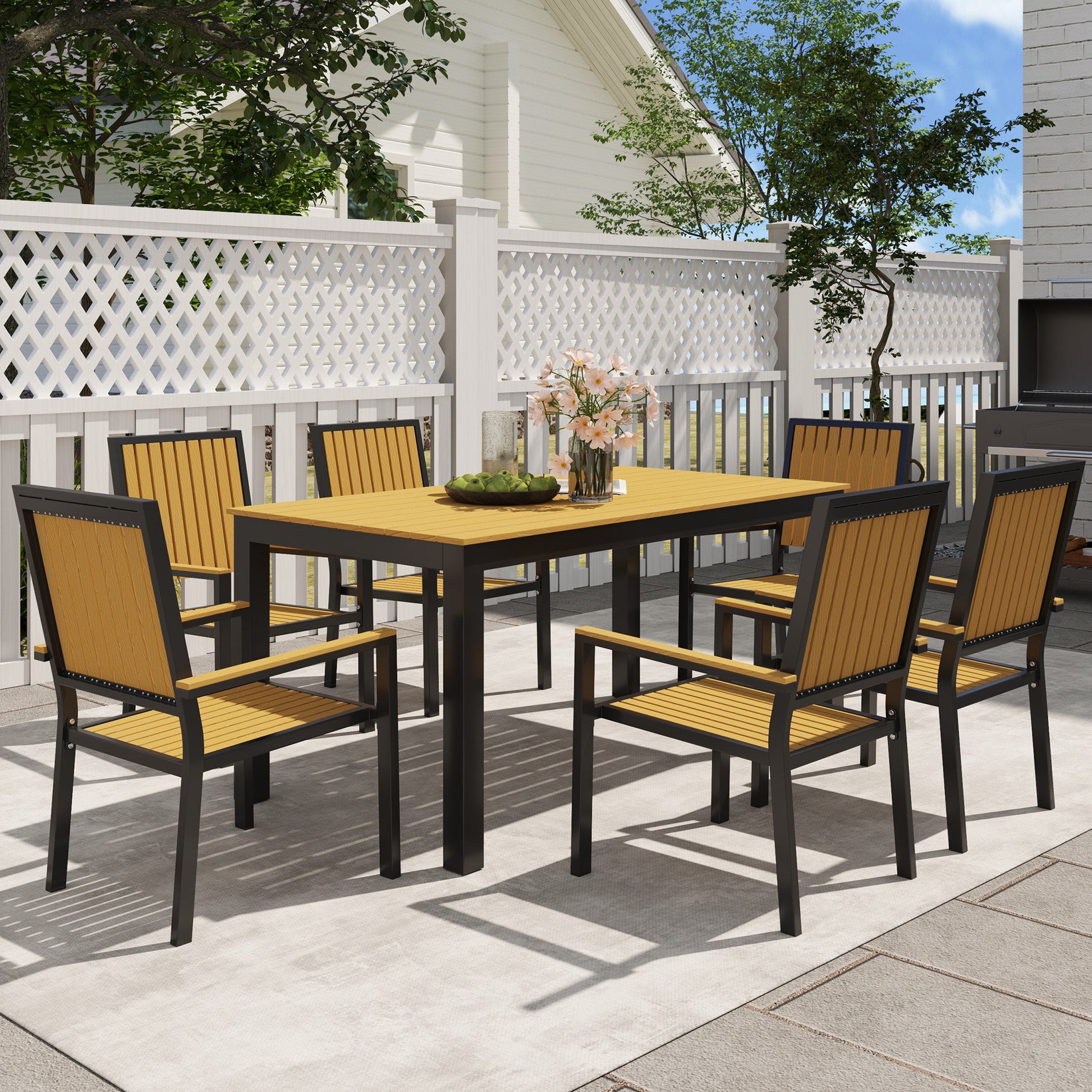 6 Seater Garden Dining Set with Stackable Chairs, Aluminium Frame, Rectangular Plastic Top, Garden Furniture Set, Outdoor Dining Table and Chairs for Patio, Balcony, Poolside, Nature Wood