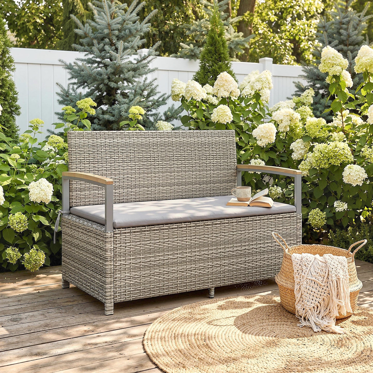 144 L Garden Storage Bench with Zipped Liner, 2 Seater PE Rattan Garden Bench with Storage, Gas Strut, Acacia Wood Top Armrests, Cushion, Patio Outdoor Benches Chest Container, Light Grey