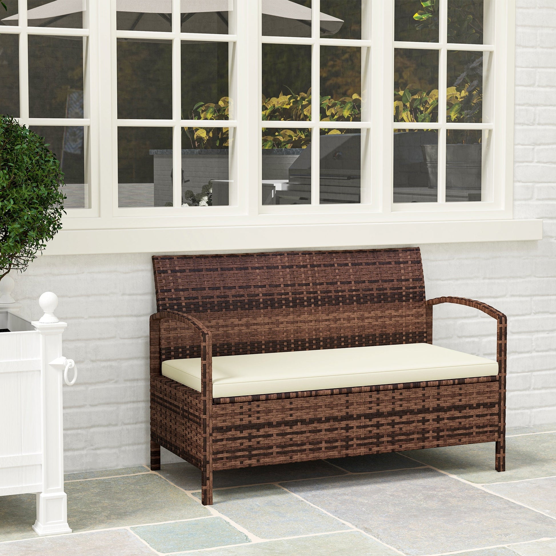 Garden Storage Bench with 125L Capacity, 2 Seater PE Rattan Garden Bench with Storage, Cushion, Wicker Outdoor Bench Loveseat with Steel Frame for Patio, Brown