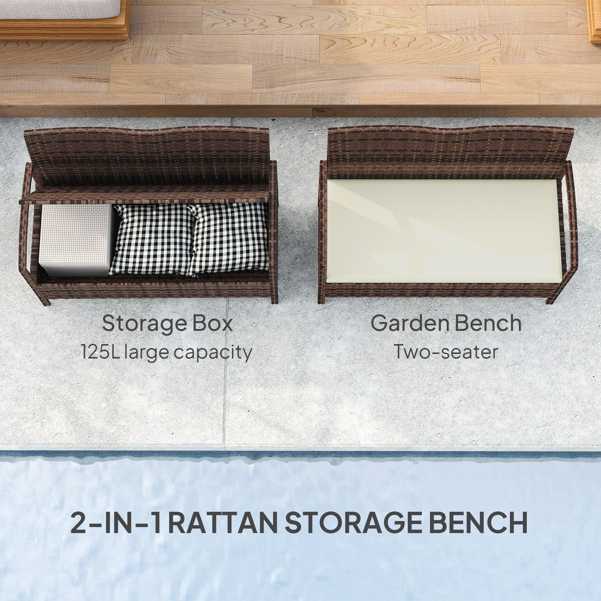 Garden Storage Bench with 125L Capacity, 2 Seater PE Rattan Garden Bench with Storage, Cushion, Wicker Outdoor Bench Loveseat with Steel Frame for Patio, Brown