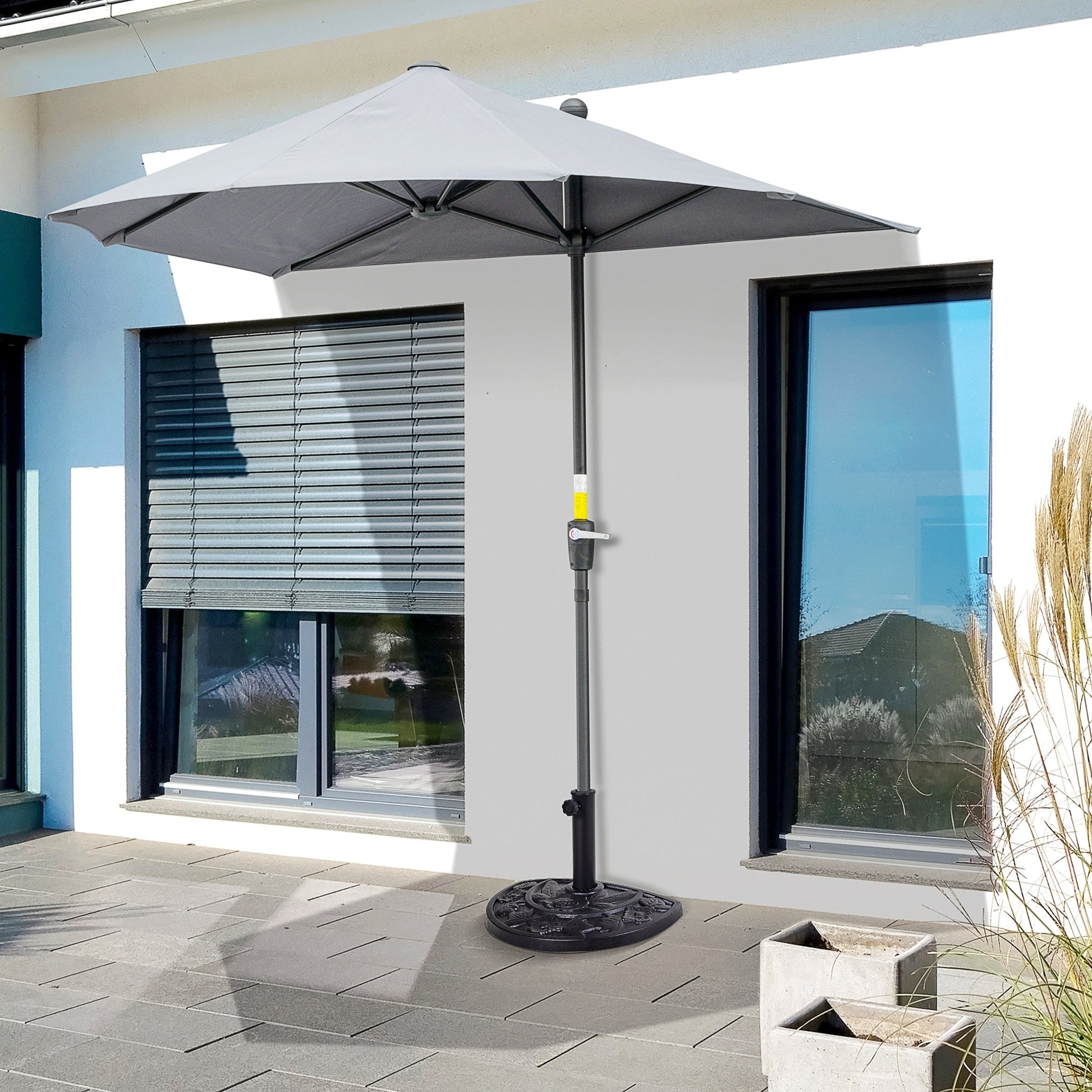 9kg Resin Parasol Base, Half Round Umbrella Stand with Floral Design for Garden, Outdoor, Suitable Umbrella Rod: Φ3.8cm, Φ4.8cm, Black